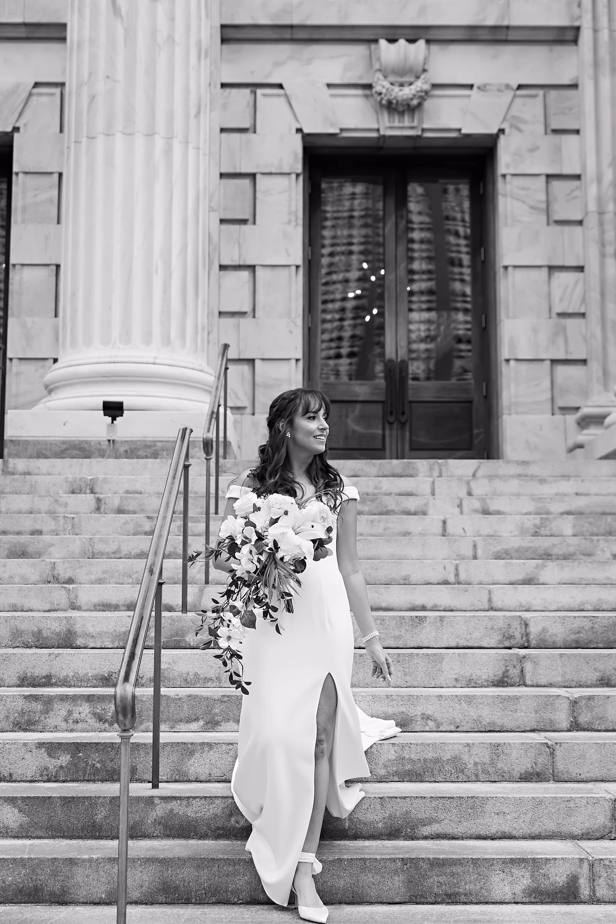 5Elegant Navy Blue and Blush PInk Wedding Ideas - Elegant, Navy and Blush Downtown Tampa Wedding | The Vault Black and White Bride Wedding Portrait | White Off the Shoulder A-Line Stella Grace Wedding Gown with High Slit and Sweetheart Neckline Inspiration | Tampa Bay Photographer Limelight Photography | Historic Downtown Tampa Wedding Venue The Vault