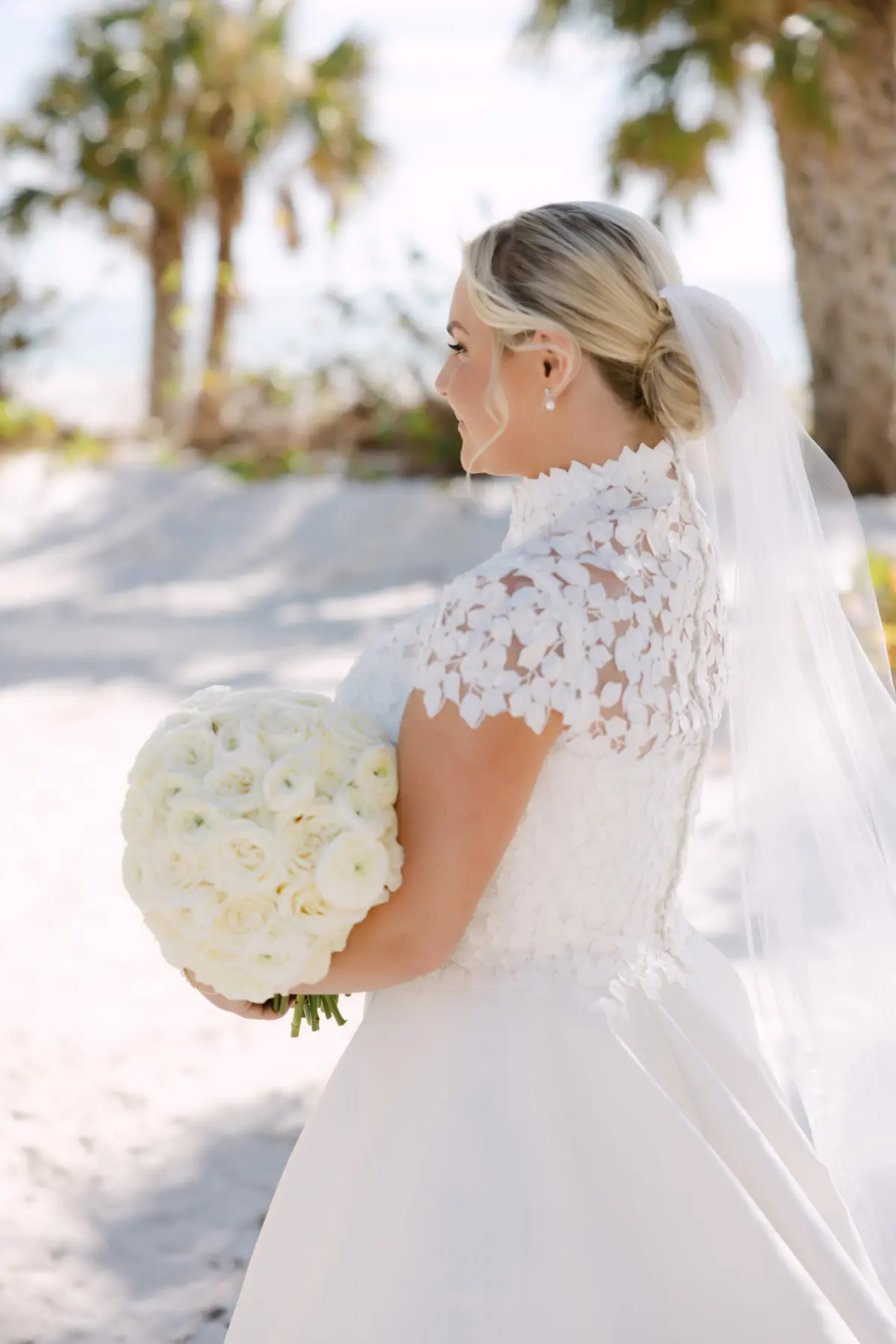 6Tropical Red and Orange Outdoor Florida Destination Wedding - Tropical Outdoor Sarasota Wedding | The Resort at Longboat Key Club White Floral Applique Wedding Dress Ideas