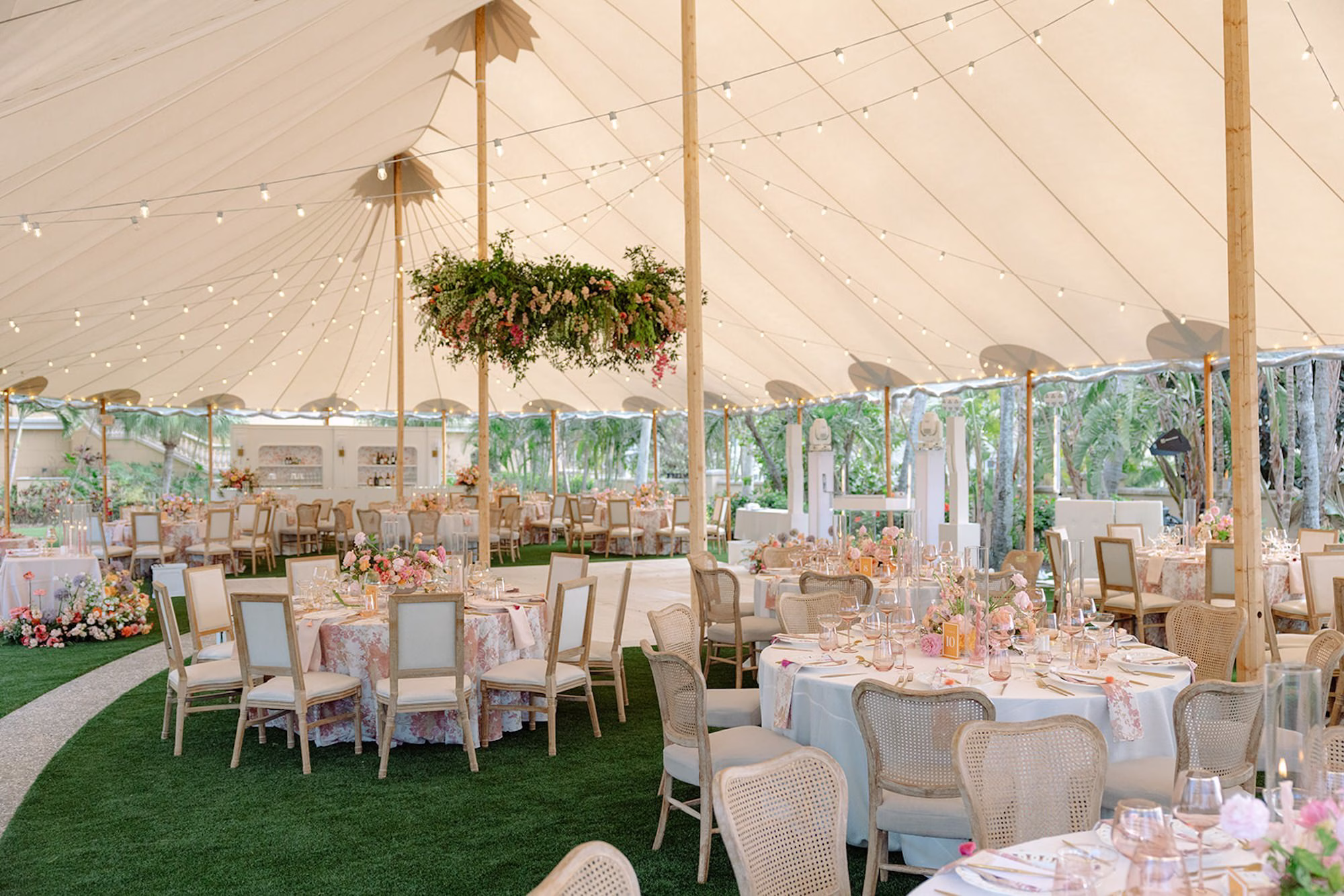 74Luxurious Whimsical Colorful Tented Florida Wedding Ritz Carlton Sarasota - Luxurious, Pastel Garden Tented Wedding | Ritz Carlton Sarasota Romantic Garden Wedding Reception Decor Inspiration | Blush Pink Floral Table Linens with Gold Flatware and White Ornate, Lace-Like Rim Tablescape Decor Ideas | Lush Pastel Blush, Pink, Cream and Yellow Floral Centerpiece Decor Inspiration | Tampa Bay Planner MDP Events