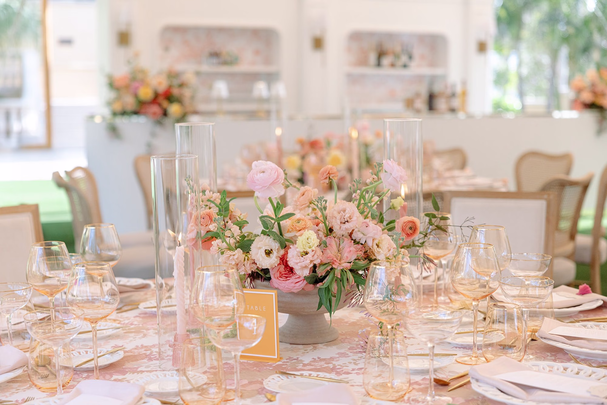 78Luxurious Whimsical Colorful Tented Florida Wedding - Luxurious, Pastel Garden Tented Wedding | Ritz Carlton Sarasota Romantic Garden Wedding Reception Decor Inspiration | Blush Pink Floral Table Linens with Gold Flatware and White Ornate, Lace-Like Rim Tablescape Decor Ideas | Lush Pastel Blush, Pink, Cream and Yellow Floral Centerpiece Decor Inspiration | Tampa Bay Planner MDP Events