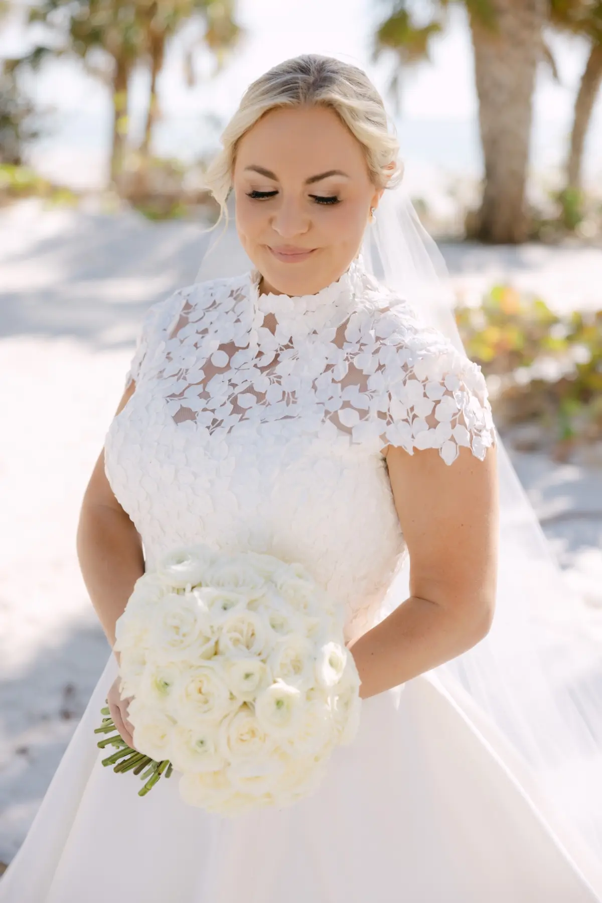 7Tropical Red and Orange Outdoor Florida Destination Wedding - Tropical Outdoor Sarasota Wedding | The Resort at Longboat Key Club White Floral Applique Wedding Dress Ideas