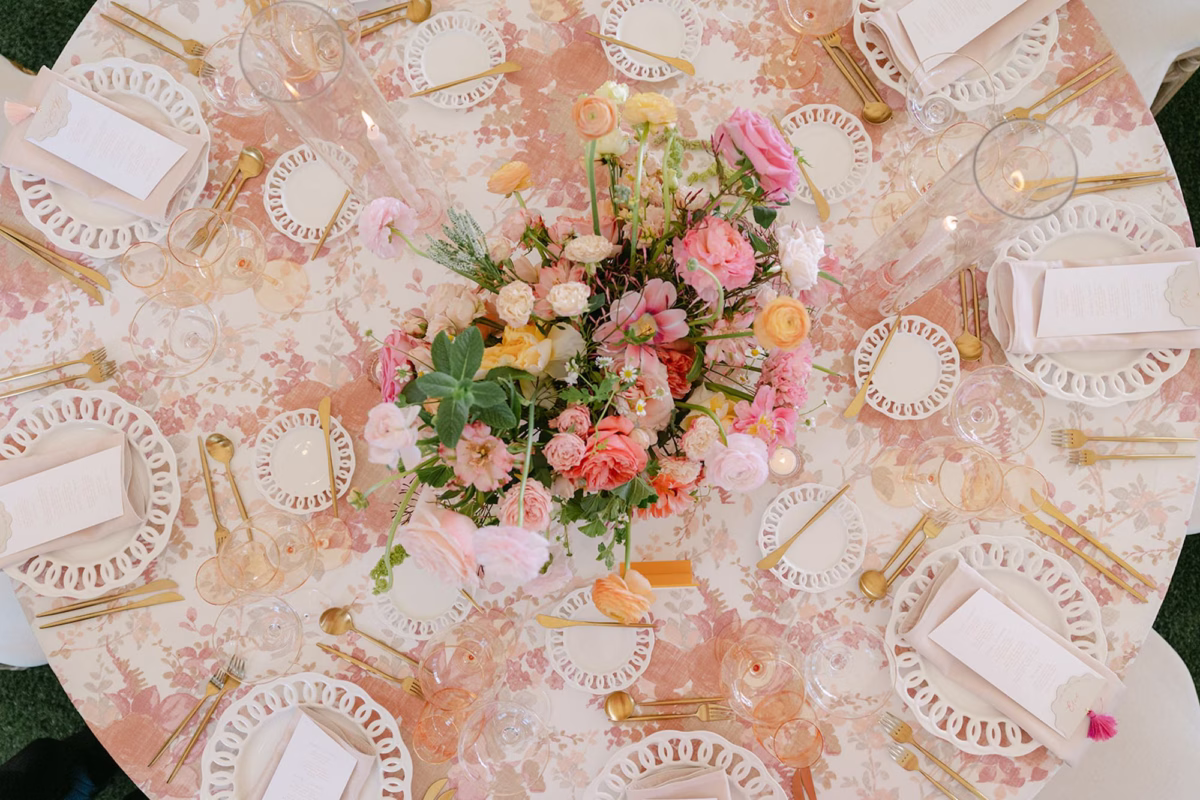 81Luxurious Whimsical Colorful Tented Florida Wedding - Luxurious, Pastel Garden Tented Wedding | Ritz Carlton Sarasota Romantic Garden Wedding Reception Decor Inspiration | Blush Pink Floral Table Linens with Gold Flatware and White Ornate, Lace-Like Rim Tablescape Decor Ideas | Lush Pastel Blush, Pink, Cream and Yellow Floral Centerpiece Decor Inspiration | Tampa Bay Planner MDP Events