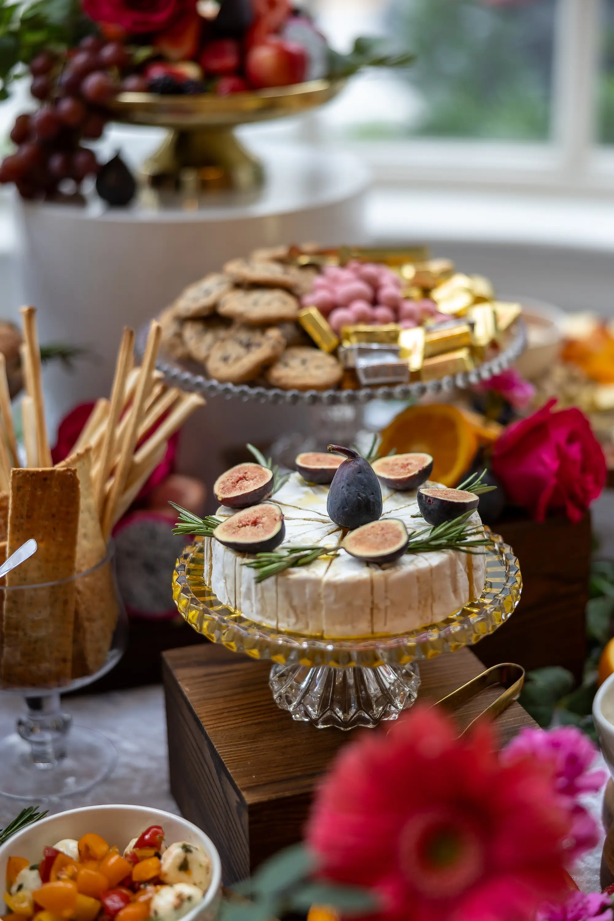 Modern Elegant Wedding Inspiration | Charcuterie Board Wedding Reception Hors D'Oeuvres Inspiration | Brie Cheese with Fresh Figs and Herbs Decor Ideas | Wedding Reception Grazing Table Inspiration