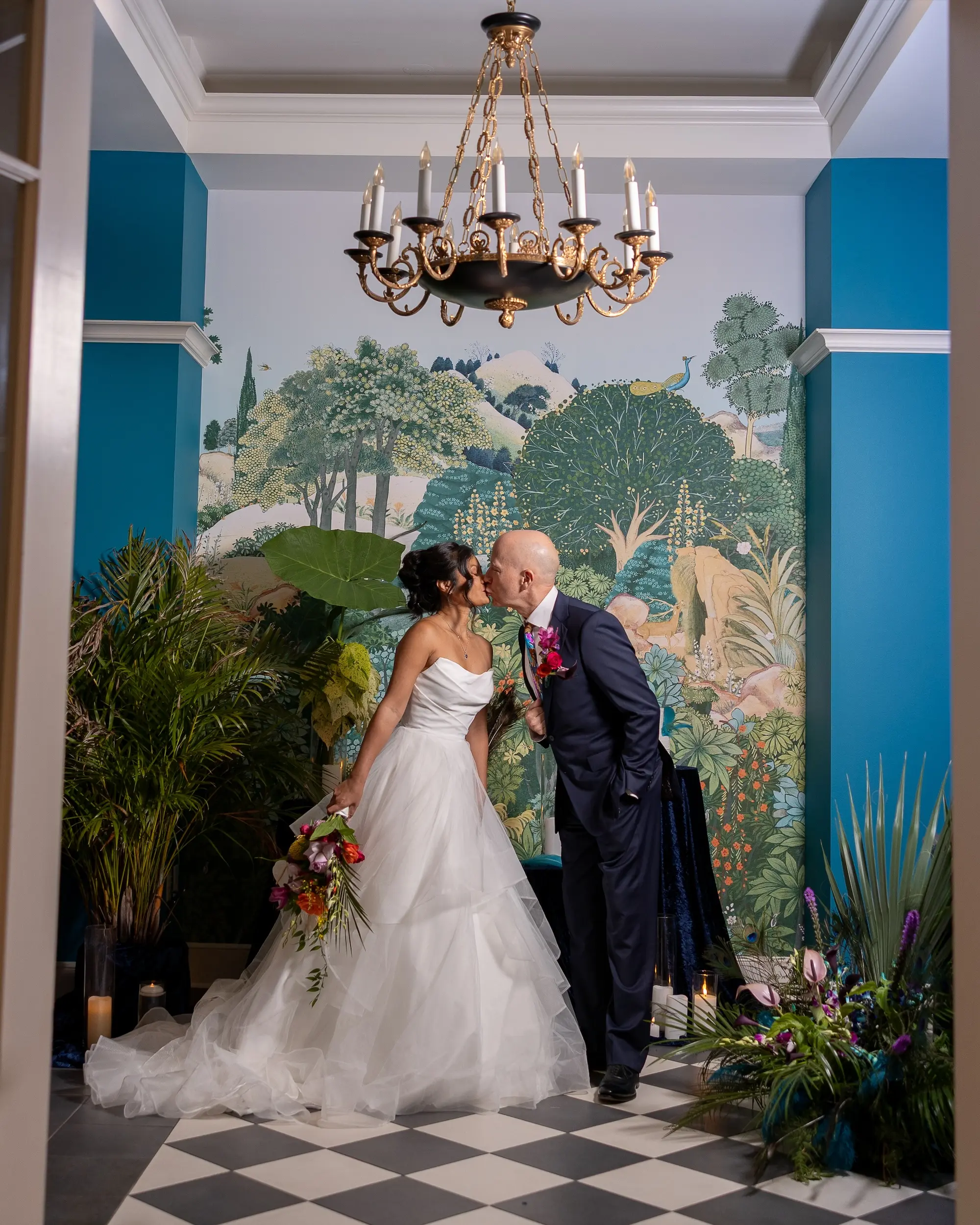 Modern Classic Wedding Inspiration | White Tulle Strapless Wedding Ballgown Ideas | Black and White Checkered Reception Floor Inspiration | Bright Jewel Toned Tropical Floral Centerpieces Decor Ideas | Tampa Bay Wedding Venue The Spiral Staircase | Sarasota Boutique Truly Forever Bridal