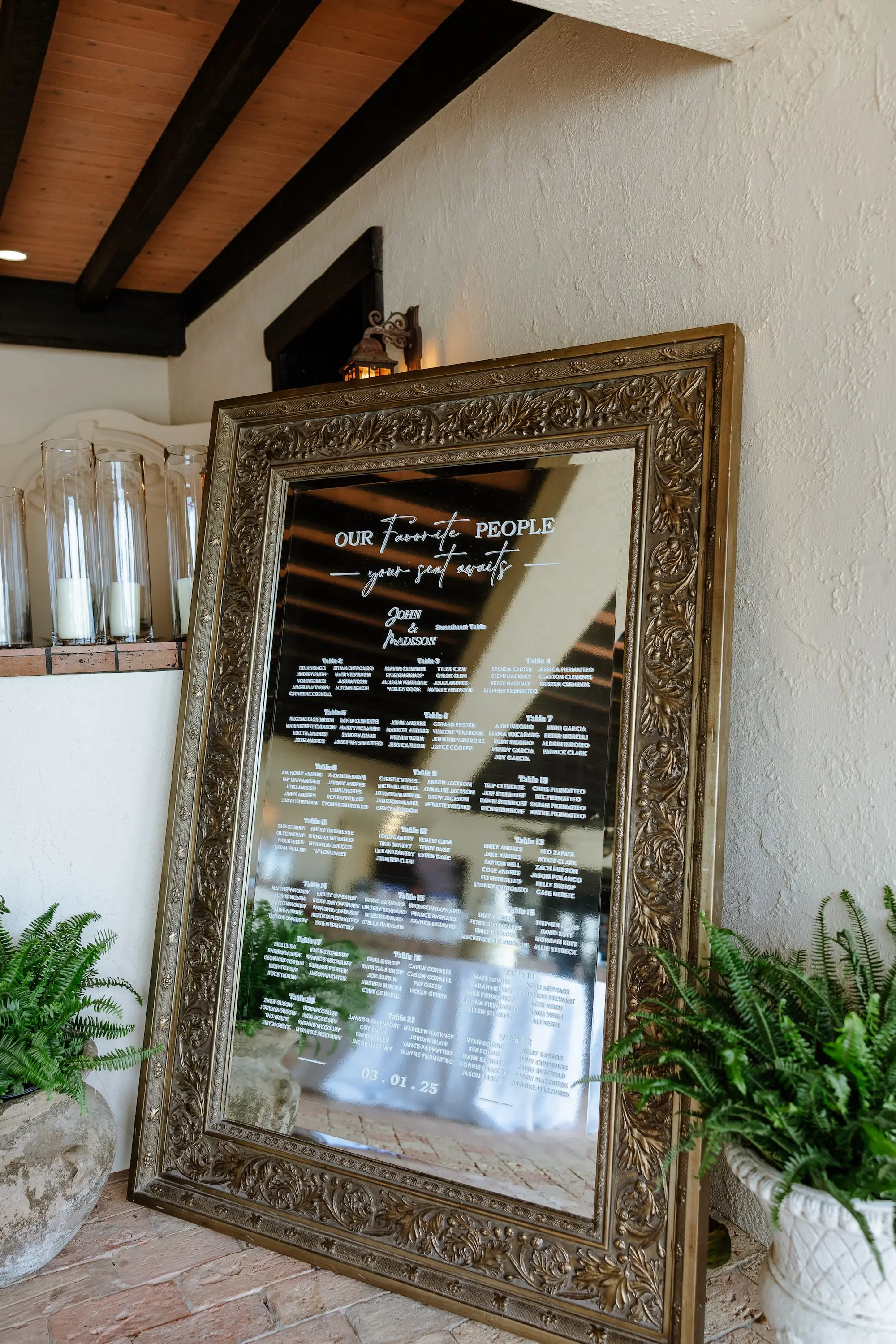 26Classic LIght Blue Florida Wedding Ideas - Classic White and Light Blue Brooksville Wedding | La Hacienda on Snow Hill Classic Gold Mirror Wedding Reception Seating Chart Display Decor Ideas
