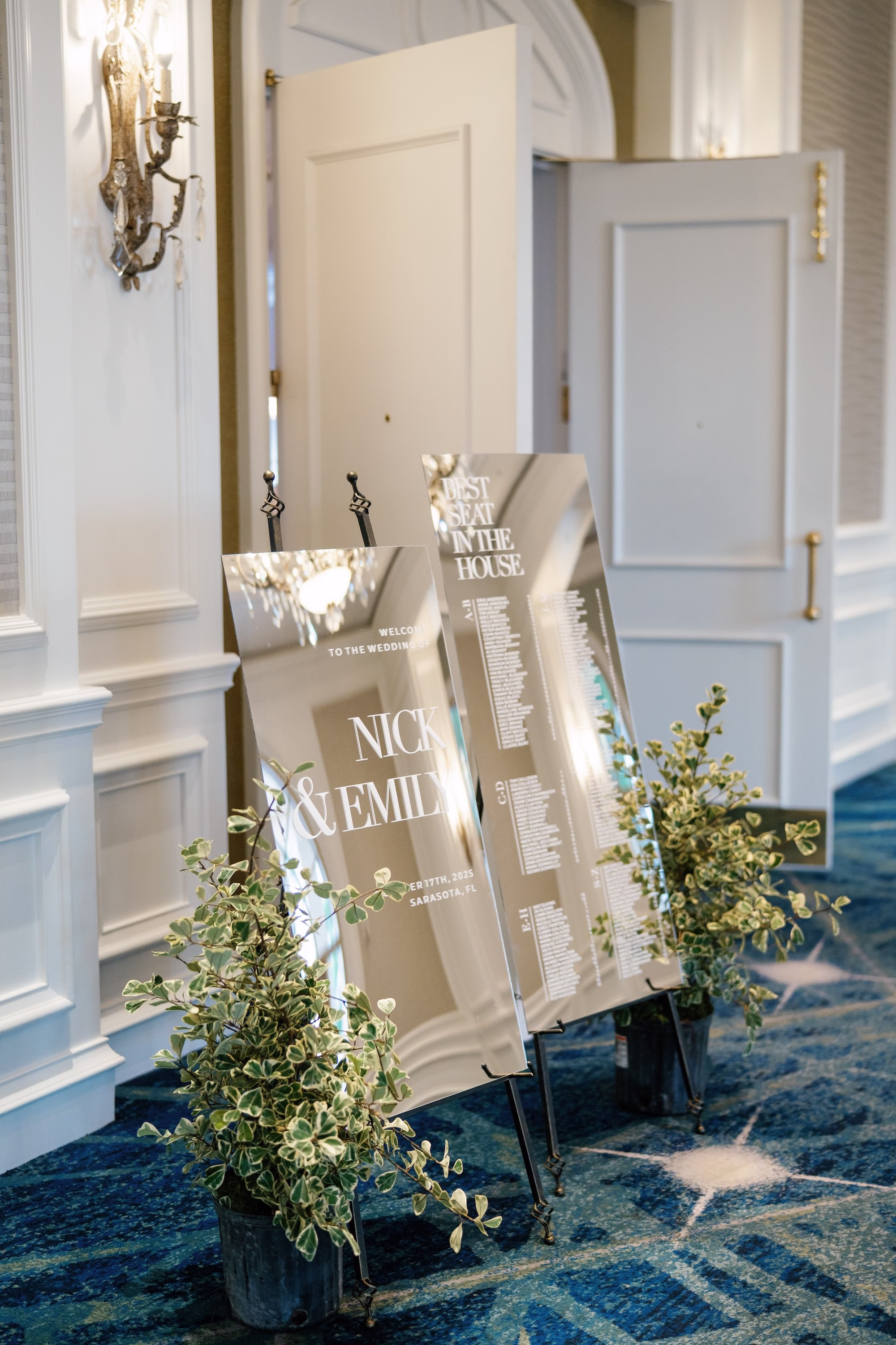 29Elegant Florida Garden Party Wedding Inspiration - Luxurious Garden Destination Wedding | Ritz-Carlton, Sarasota Elegant Mirrored Modern Wedding Reception Seating Chart Decor Inspiration | Tampa Bay Planner MDP Events