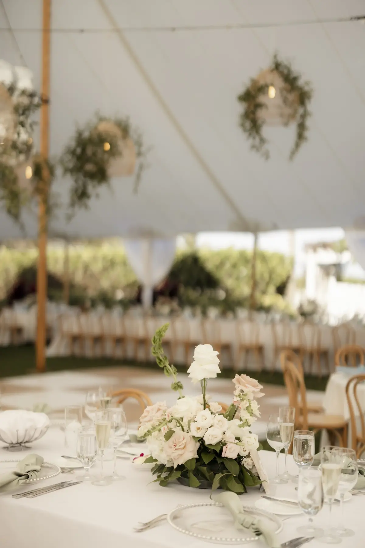 Spring Outdoor Garden Tent Wedding Reception Inspiration | Modern Wooden Chairs at Tables with White Linens | Short Bud Vase Centerpieces with White, and Blush with Greenery Flower Arrangement Ideas | Tampa Wedding Venue The Resort at Longboat Key Club