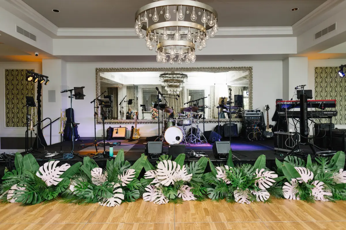 31Green Purple and Pink Spring Florida Wedding Inspiration - Pastel, Old Florida Spring Wedding | The Birchwood Green, Purple, and Pink Spring Florida Wedding Reception Band Stage Decor Inspiration