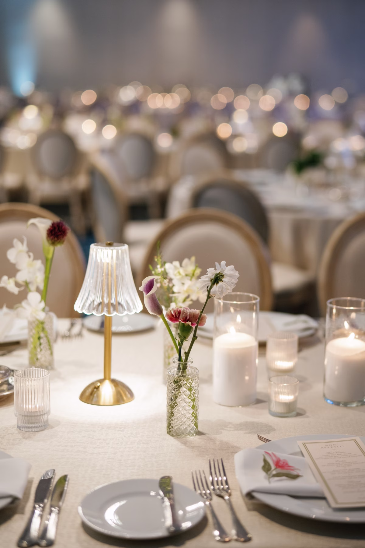 33Elegant Florida Garden Party Wedding Inspiration - Luxurious Garden Destination Wedding | Ritz-Carlton, Sarasota Timeless Organic Neutral Wedding Reception Decor Inspiration | Romantic Gold Lamp Tablescape Decor Ideas | Bud Vases with White and Purple Florals Centerpiece Decor Inspiration | Tampa Bay Planner MDP Events