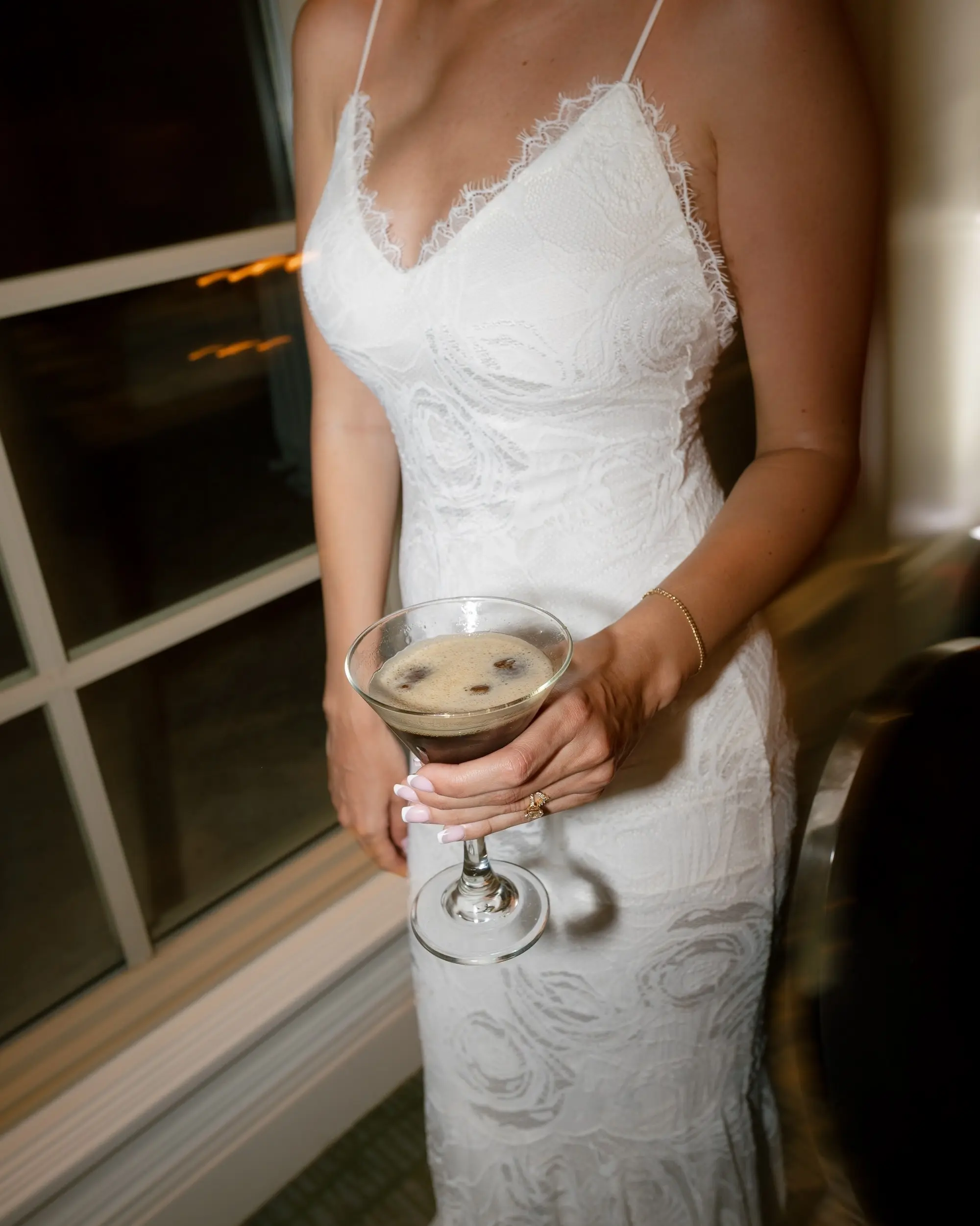 Bride with Signature Cocktail Espresso Martini Wedding Portrait