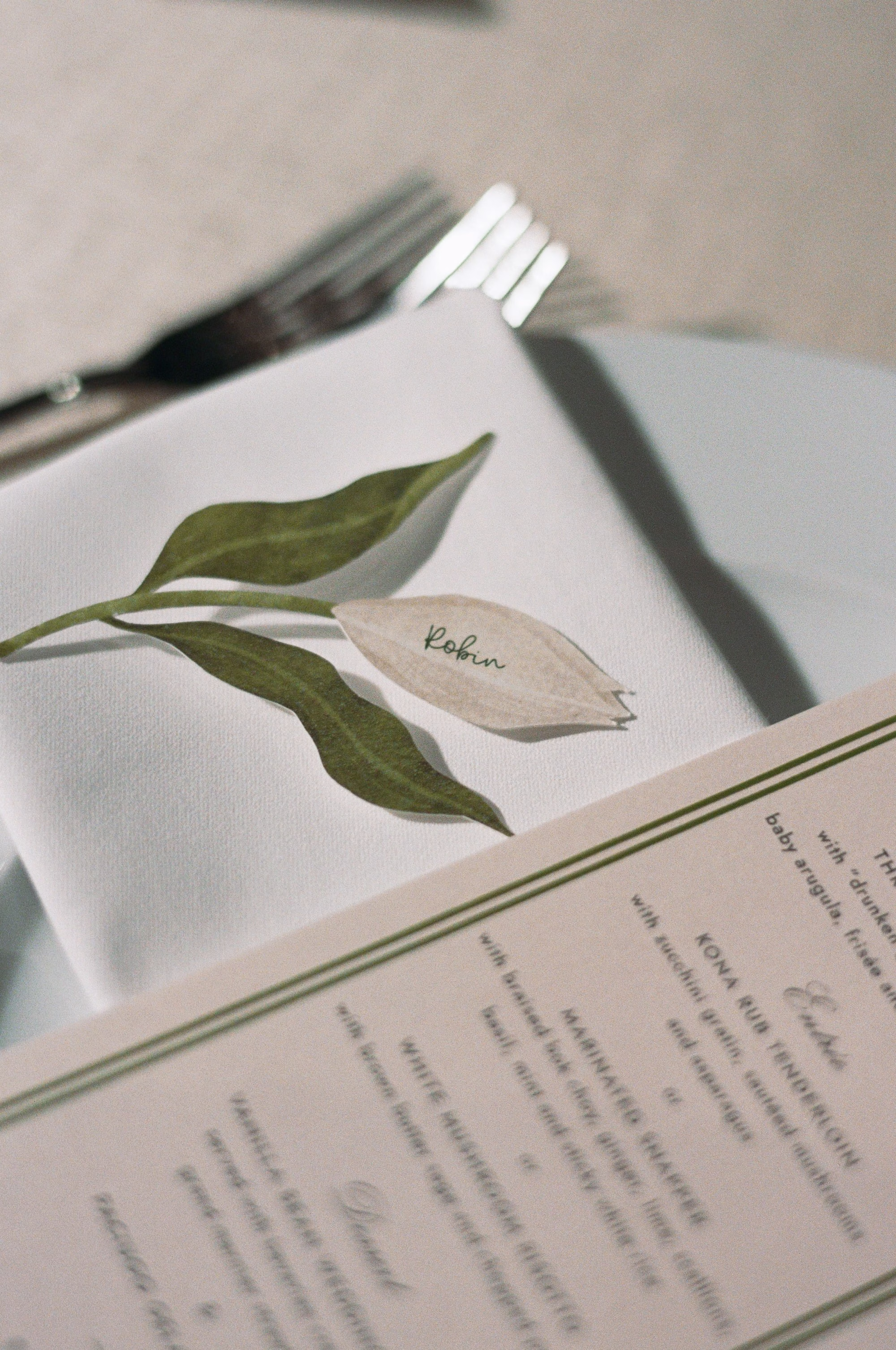 36Elegant Florida Garden Party Wedding Inspiration - Luxurious Garden Destination Wedding | Ritz-Carlton, Sarasota Romantic Neutral Organic White and Green Wedding Reception Decor Inspiration | Personalized Calla Lily and White and Green Seating Card with White and Green Menu Tablescape Decor Ideas | Tampa Bay Planner MDP Events