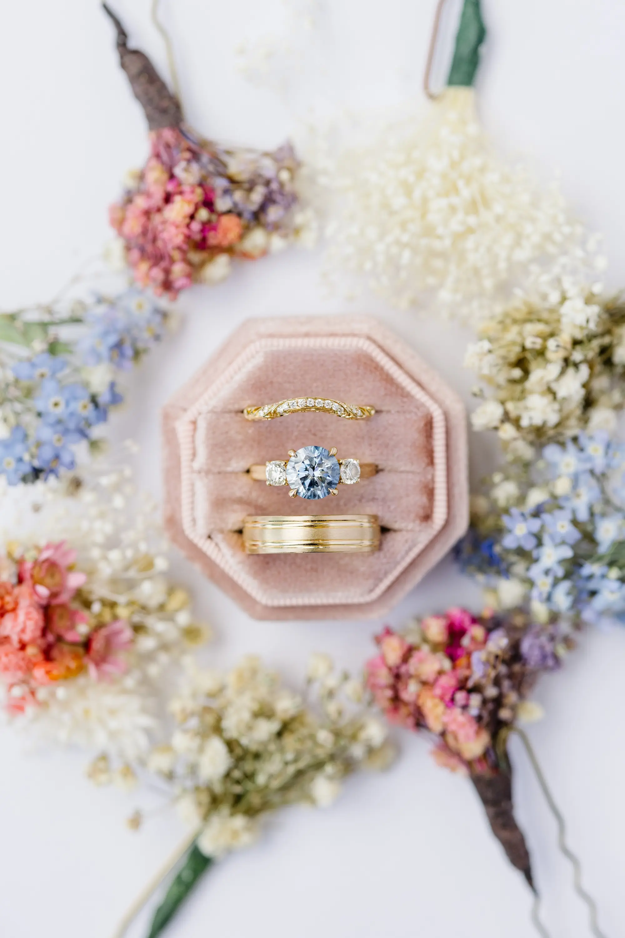 3Green Purple and Pink Spring Florida Wedding Inspiration - Pastel, Old Florida Spring Wedding | The Birchwood Gold Wedding Band Inspiration | Blue Diamond Engagement Ring Ideas