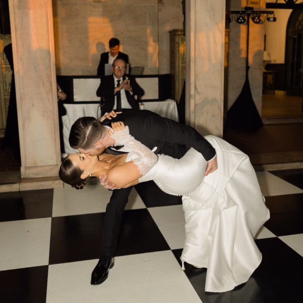 54Classy Black and White Timeless Wedding Inspiration - Chic, Black and White Sarasota Wedding | New College of Florida Bride and Groom First Dance Wedding Portrait | Black and White Dance Floor Ideas | Sarasota Rentals Gabro Event Services