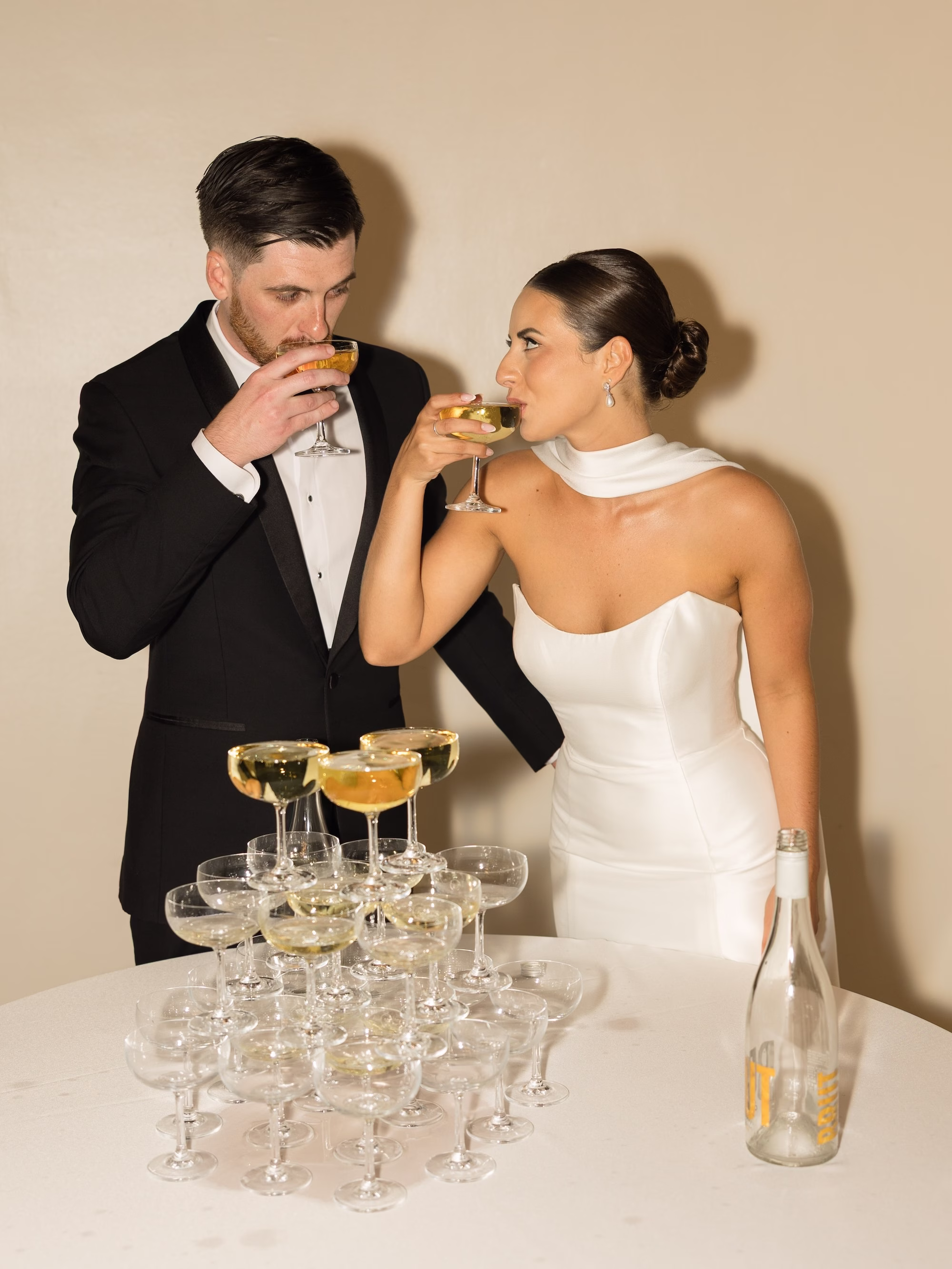 55Classy Black and White Timeless Wedding Inspiration - Chic, Black and White Sarasota Wedding | New College of Florida Bride and Groom Champagne Tower Wedding Portrait