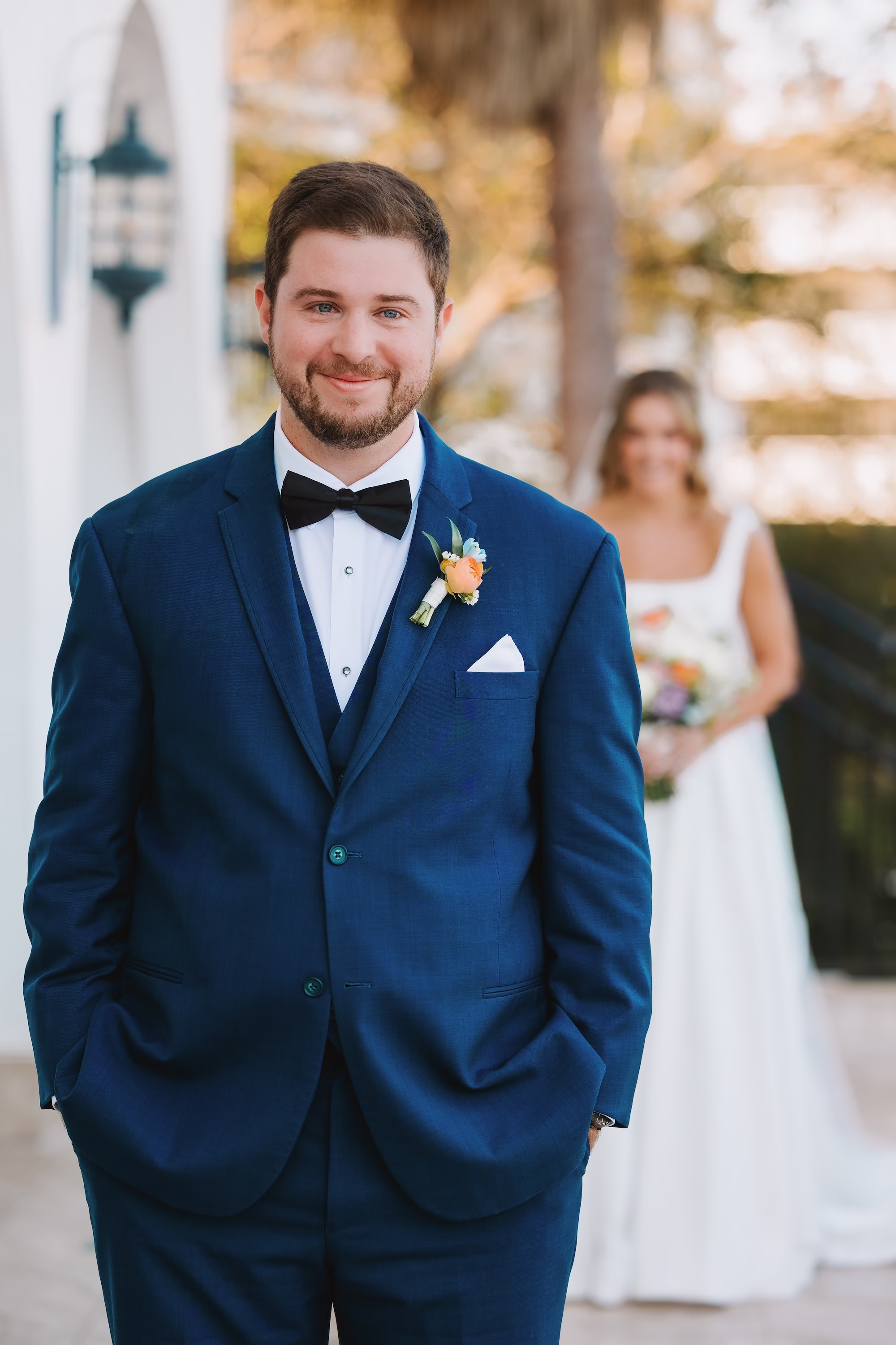 10Coastal Blue and White Rooftop Florida Wedding Ideas - Romantic Blue Coastal St. Pete Beach Wedding | The Hotel Zamora Bride and Groom First Look Wedding Portrait