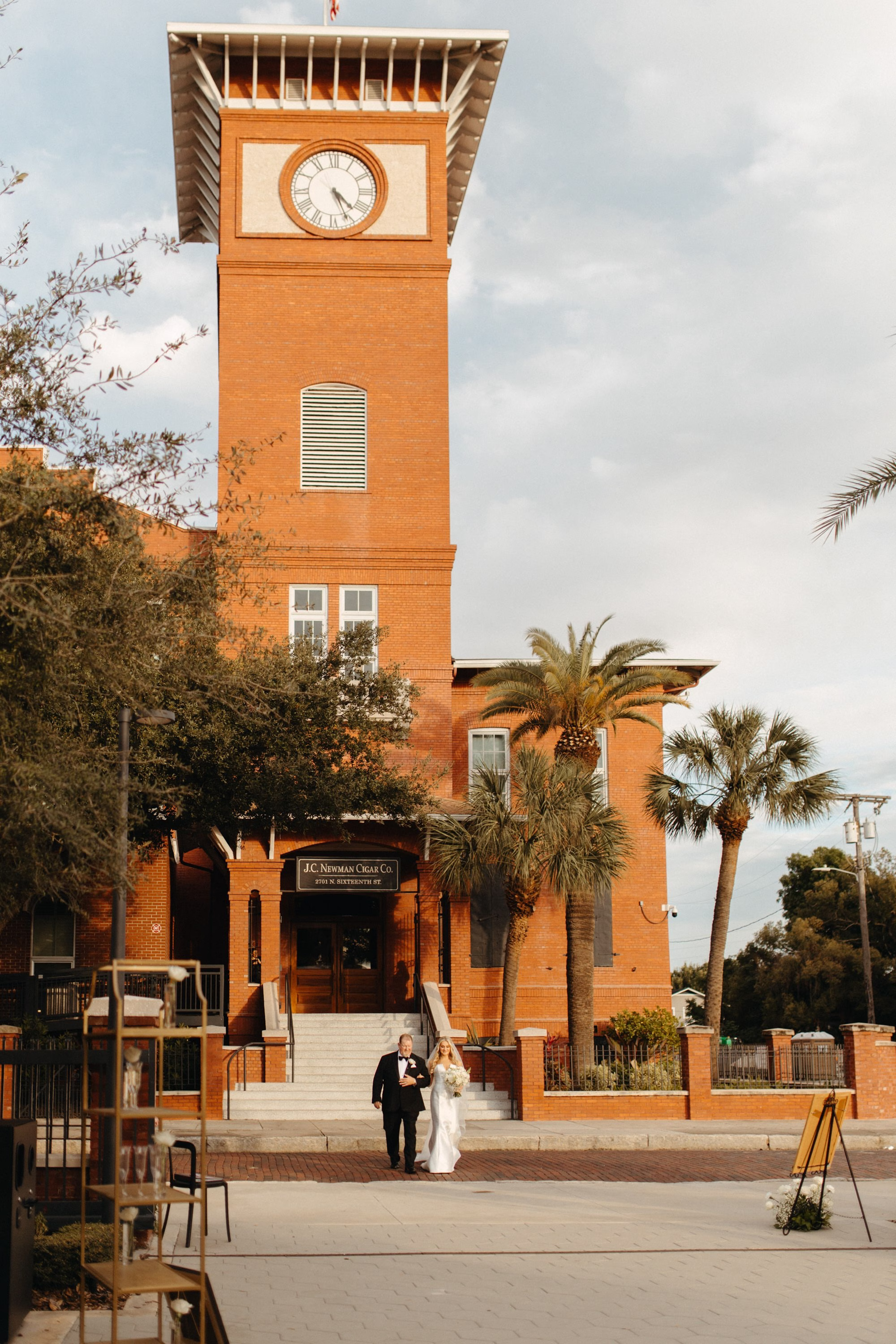 Bride and Father Walking Down Wedding Ceremony Aisle | Historic Ybor Wedding Venue J.C. Newman Cigar Company