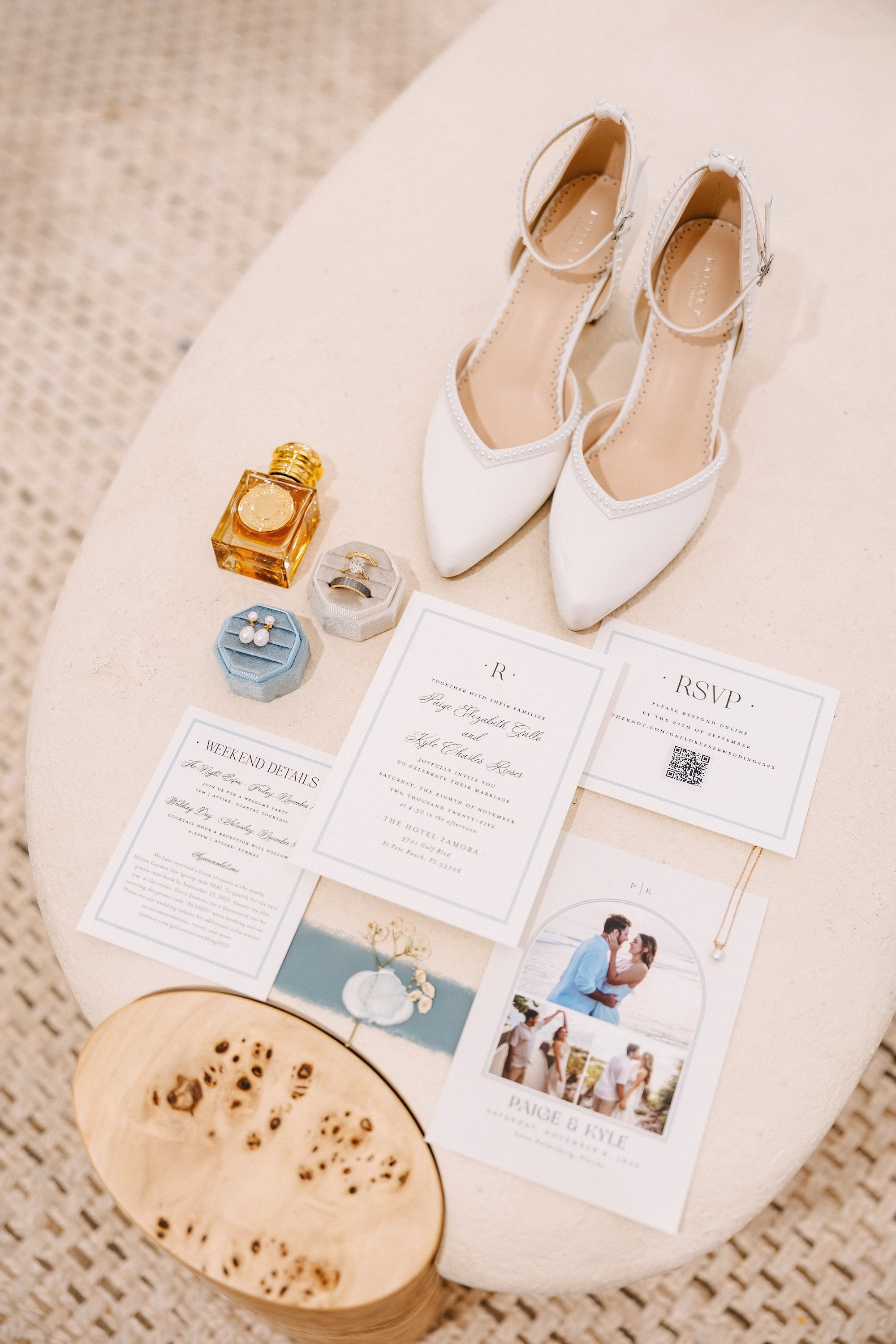 1Coastal Blue and White Rooftop Florida Wedding Ideas - Romantic Blue Coastal St. Pete Beach Wedding | The Hotel Zamora Elegant Coastal White and Blue Wedding Invitation Suite Inspiration | White Kailee P Pearl Wedding Bridal Shoes Ideas | St Petersburg Wedding Planner Seashine Weddings