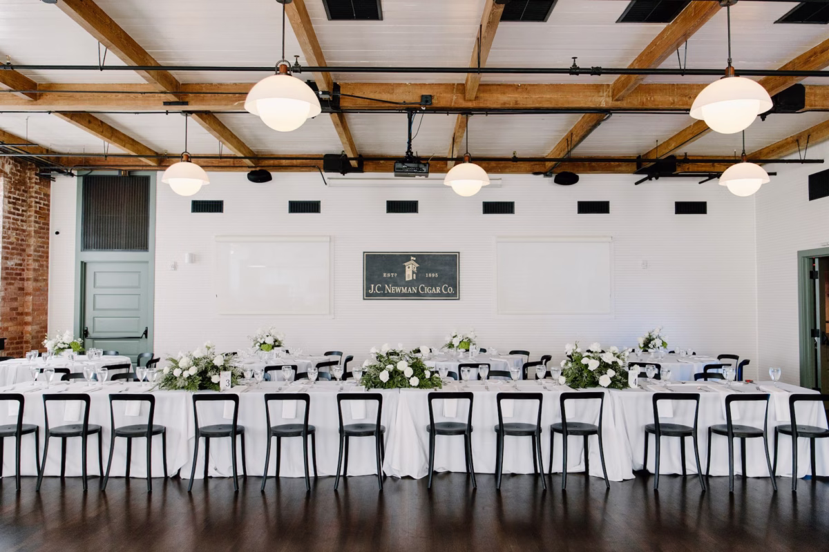 25Classic White and Green Wedding Ideas Tampa VenueJC Newman Cigar Factory - Classic, White and Green Ybor City Wedding | J.C. Newman Cigar Company Classic White and Green Wedding Reception Table Decor Inspiration | Tampa Bay Event Venue JC Newman Cigar Factory