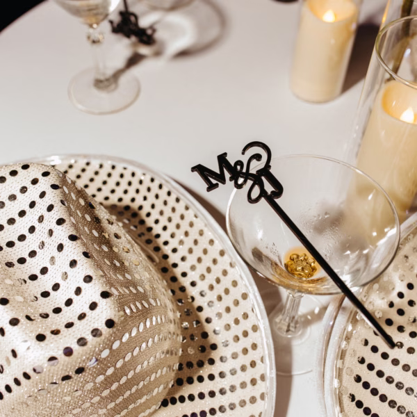 Wedding Reception Afterparty Portrait with White Metallic Polka Dot Cowboy Hat and Custom Drink Stirrer Decor Inspiration | Romantic Tablescape Candlelight Decor Ideas | Sarasota Planner B Eventful | Tables and Linens Rentals A Chair Affair