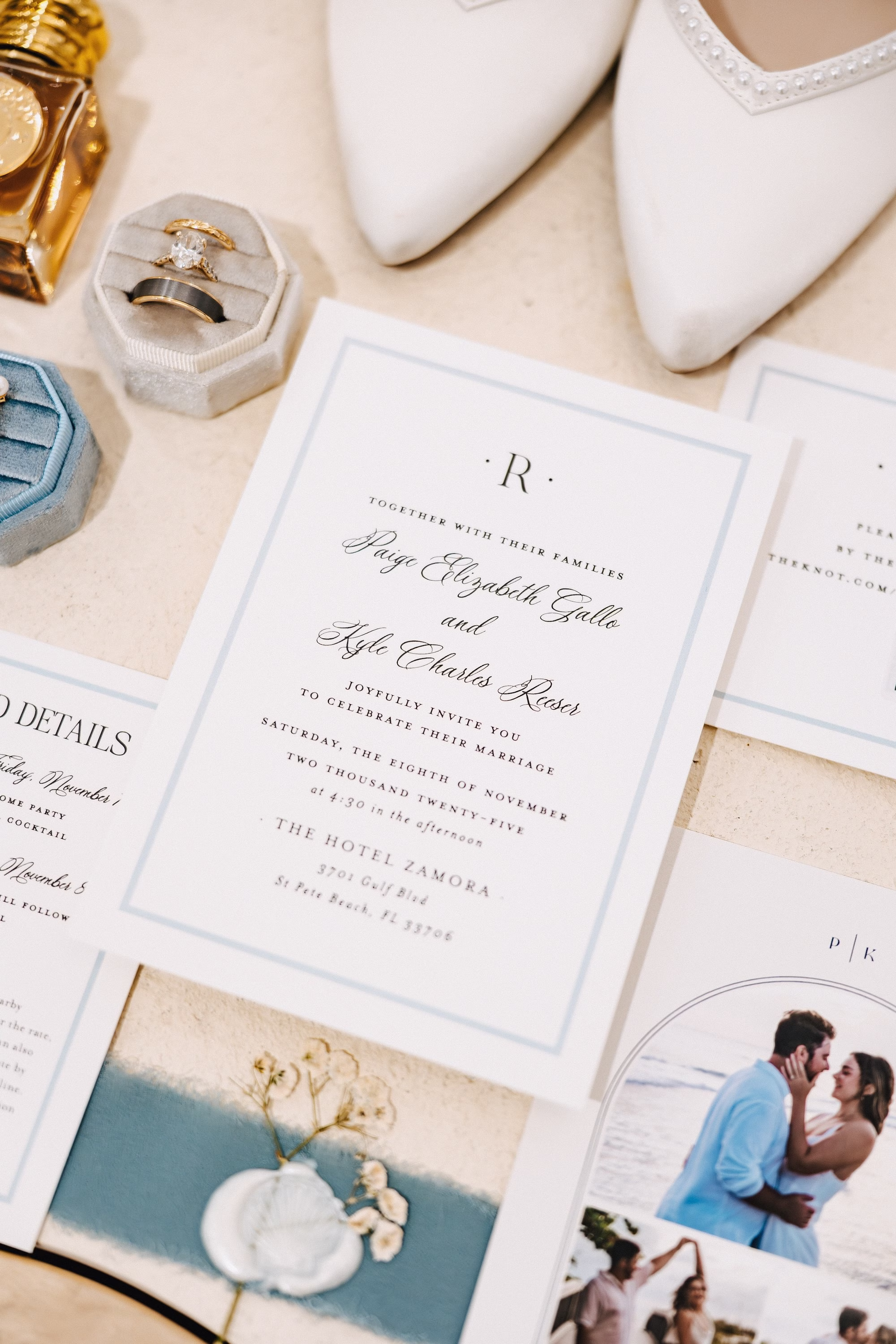 2Coastal Blue and White Rooftop Florida Wedding Ideas - Romantic Blue Coastal St. Pete Beach Wedding | The Hotel Zamora Elegant Coastal White and Blue Wedding Invitation Suite Inspiration | St Petersburg Wedding Planner Seashine Weddings