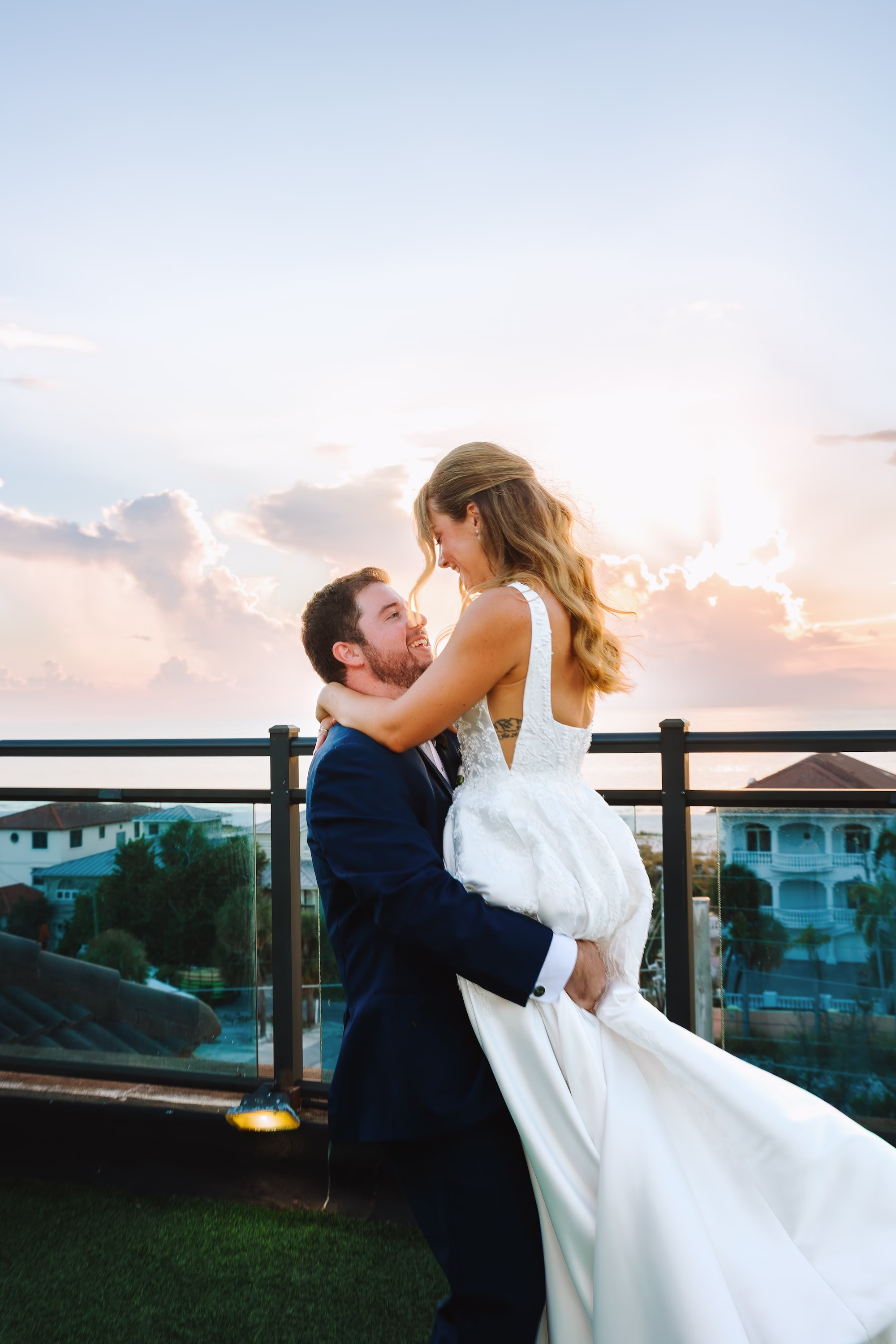 35Coastal Blue and White Rooftop Florida Wedding Ideas St Pete Venue Hotel Zamora - Romantic Blue Coastal St. Pete Beach Wedding | The Hotel Zamora Bride and Groom Rooftop Golden Hour Wedding Portrait