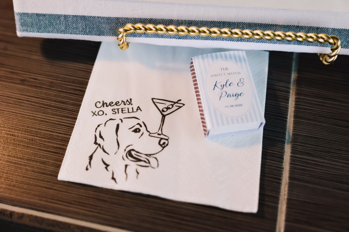 39Coastal Blue and White Rooftop Florida Wedding Ideas - Romantic Blue Coastal St. Pete Beach Wedding | The Hotel Zamora Personalized Family Pet Cocktail Napkin Wedding Reception Decor Ideas | Personalized White and Blue Coastal Matchbook Wedding Reception Favor Inspiration | St Petersburg Wedding Planner Seashine Weddings