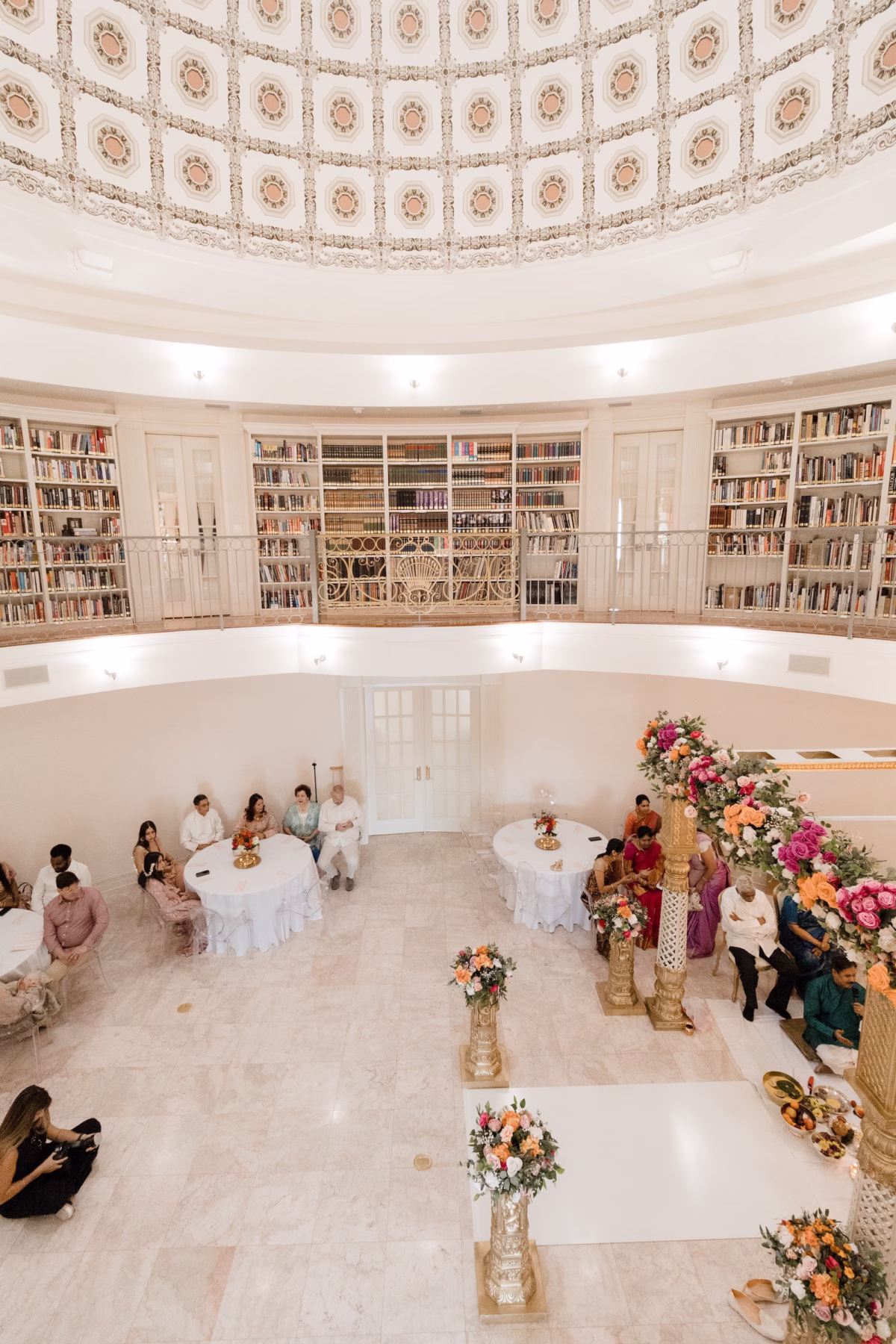 Traditional Indian Wedding Ceremony at Tampa Bay Event Venue Whitehurst Gallery | Pink, Yellow, White Floral Arrangement in Gold Vases Wedding Ceremony Decor Inspiration