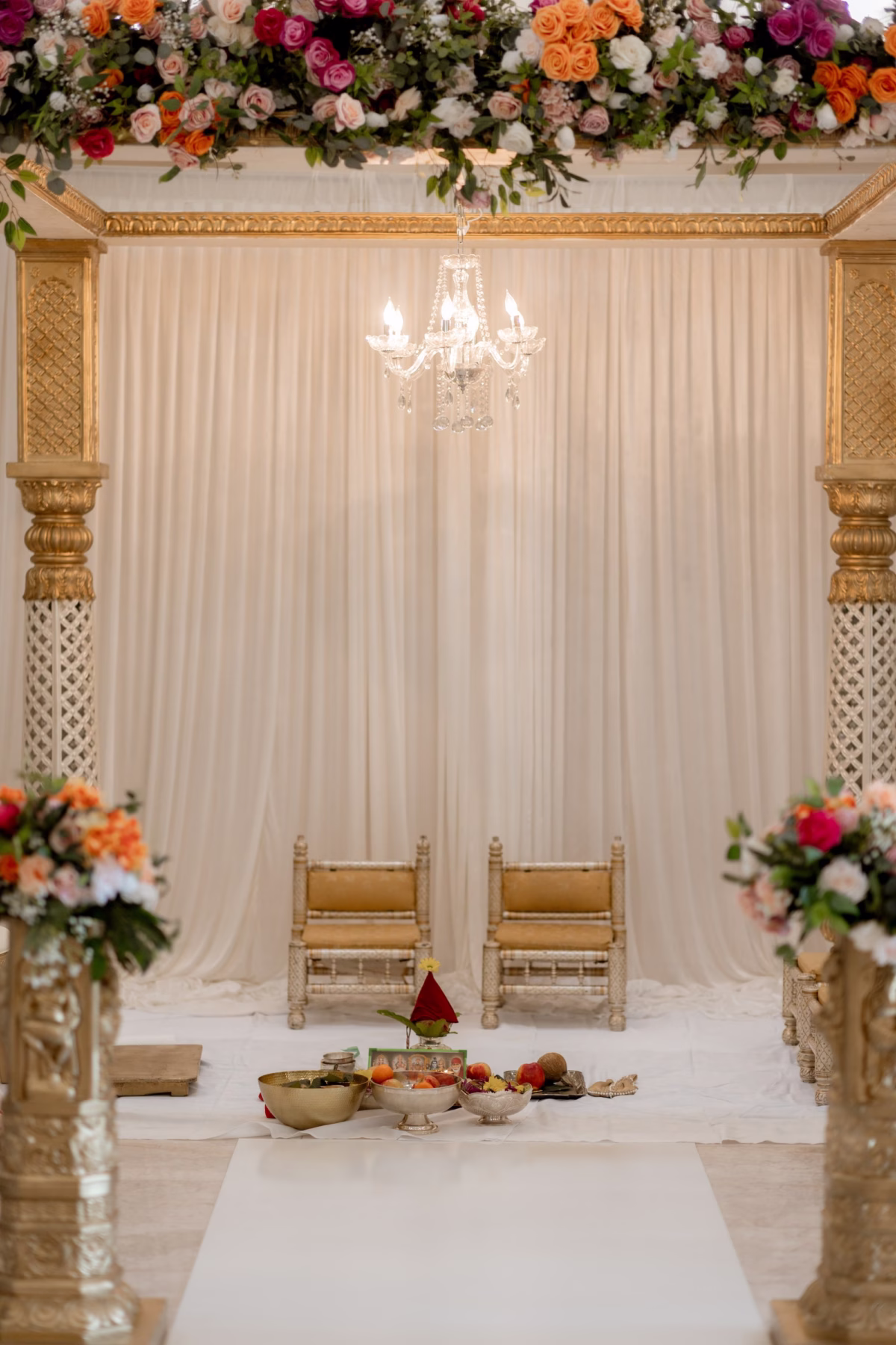Traditional Indian Wedding Ceremony Inspiration | Gold Accents with Orange, White and Pink Floral Wedding Ceremony Decor Ideas | Tampa Bay Event Venue Whitehurst Gallery