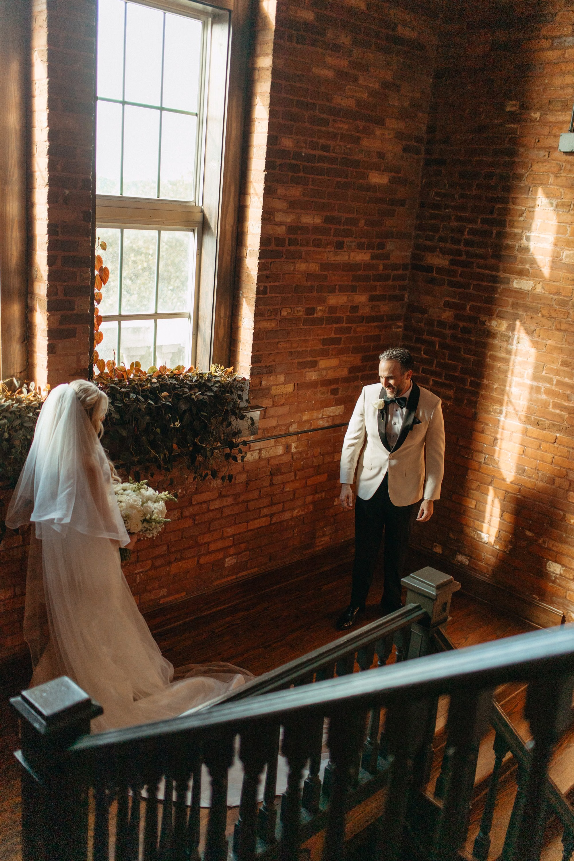 Bride and Groom First Look Wedding Portrait | Historic Ybor Wedding Venue J.C. Newman Cigar Company