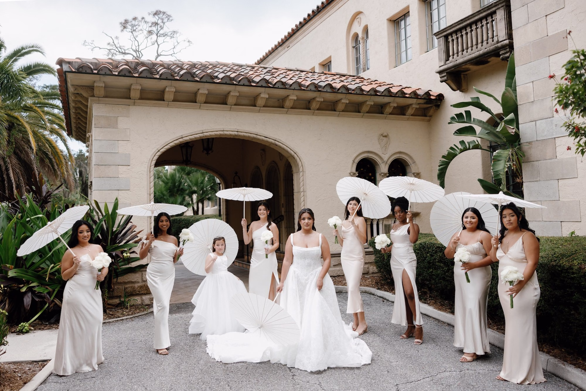 Bride and Bridesmaids Wedding Portrait | Off White Satin Fitted Bridesmaid Dress Inspiration | Parasails Bridesmaid Wedding Accessories Ideas I Classic Elegant White Wedding Gown with Square Neckline and Cathedral Length Train Inspiration | Wedding Venue Powel Crosley Estate