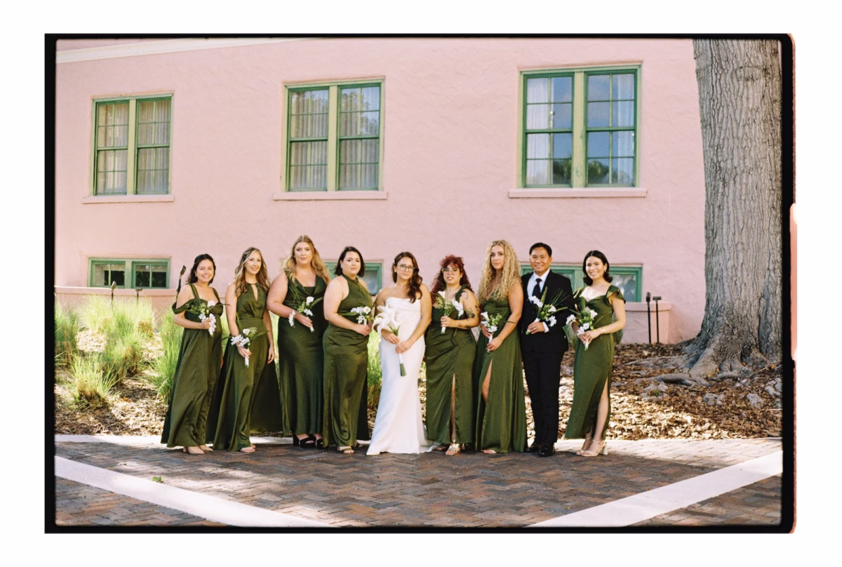 12Classic White and Green Florida Wedding Inspiration - Classic, White and Green St. Pete Wedding | Events at Morean Historic Train Station Bride and Bridesmaids Wedding Portrait | Different Style Olive Green Azazie Bridesmaid Dresses Inspiration | White Long Stem Calla Lilies Bridal Bouquet Ideas