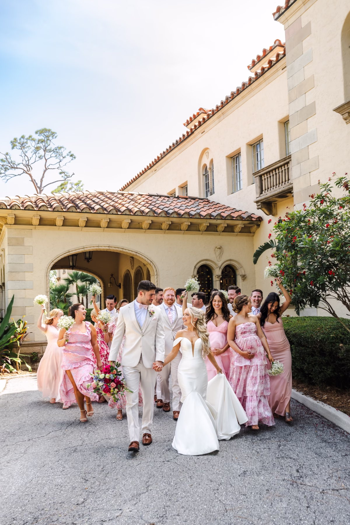 24Outdoor Florida Pink Spring Wedding Inspiration - Pink, Spring Waterfront Sarasota Wedding | The Powel Crosley Estate Bride and Groom with Wedding Party