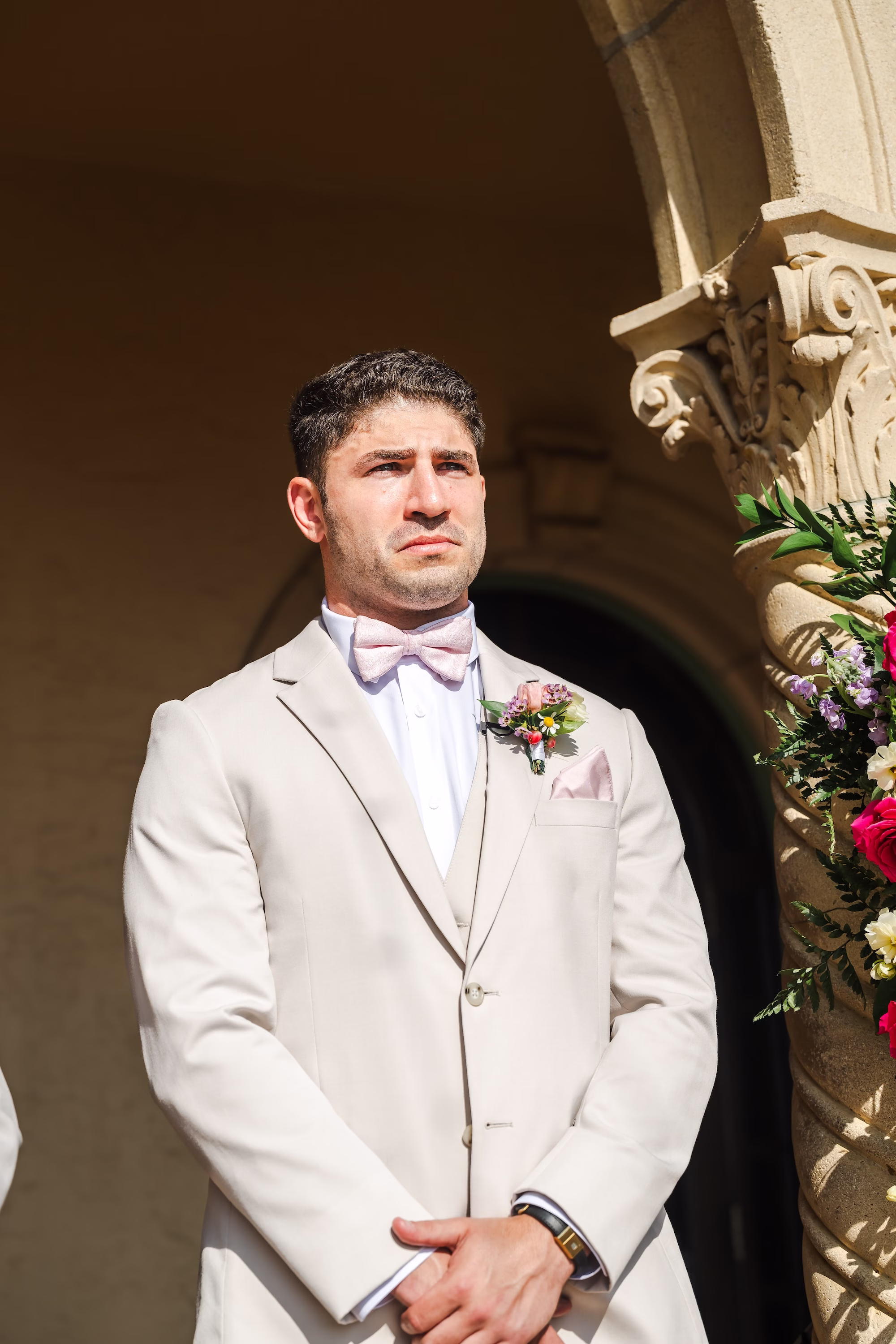 31Outdoor Florida Pink Spring Wedding Inspiration - Pink, Spring Waterfront Sarasota Wedding | The Powel Crosley Estate Groom's Reaction To Bride Walking Down Wedding Aisle
