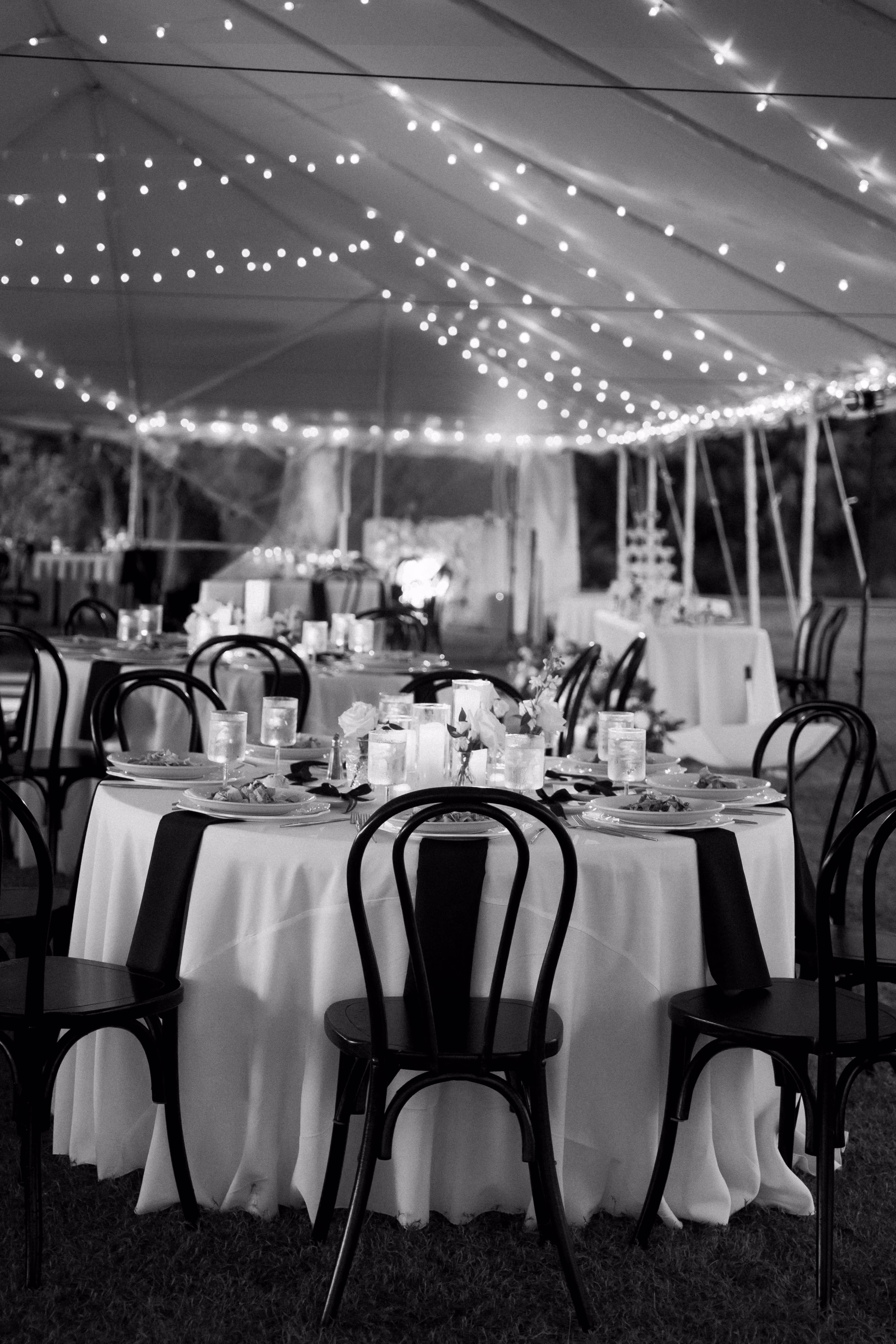 Outdoor Fall Estate Tent Wedding Reception with Romantic String Lights Decor Inspiration | Simple Timeless Black and White Wedding Reception Decor Ideas