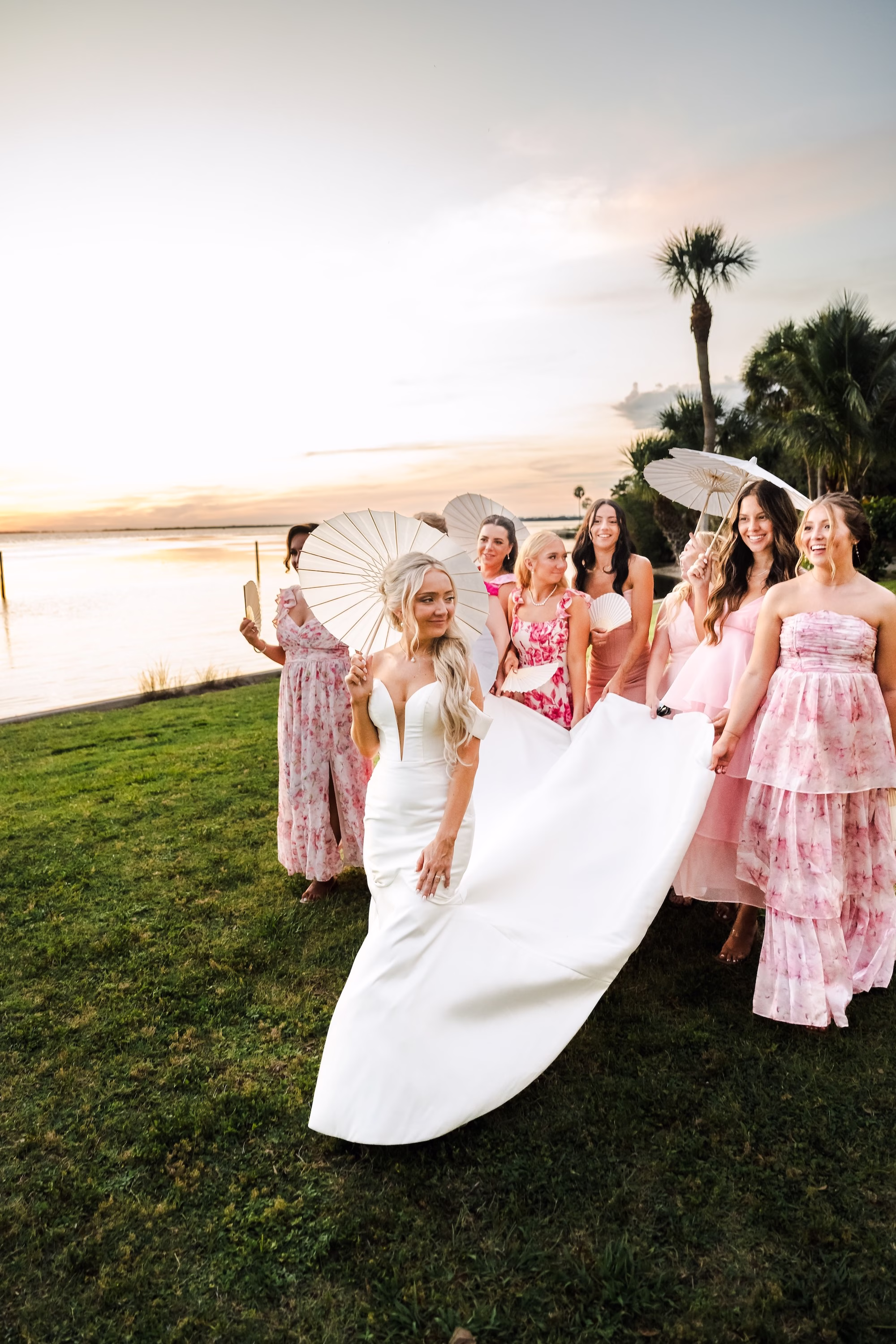 43Outdoor Florida Pink Spring Wedding Inspiration - Pink, Spring Waterfront Sarasota Wedding | The Powel Crosley Estate Bride and Bridesmaids Wedding Portrait