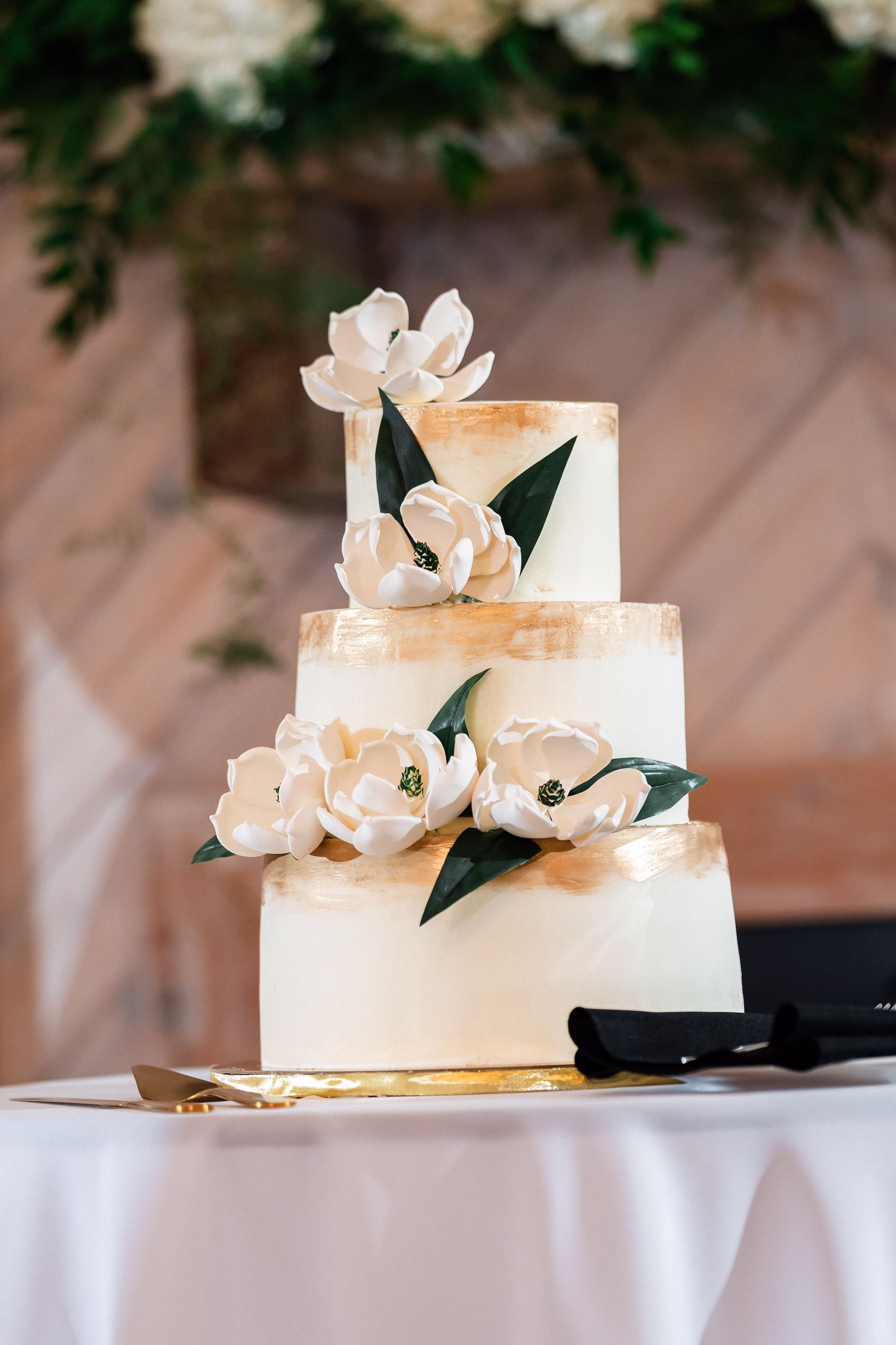 44Luxurious Old Florida Black White and Gold Wedding Inspiration - Luxurious, Black and White Dade City Wedding | The Barn at Covington Farm Three-Tiered White and Gold Round Wedding Cake Ideas