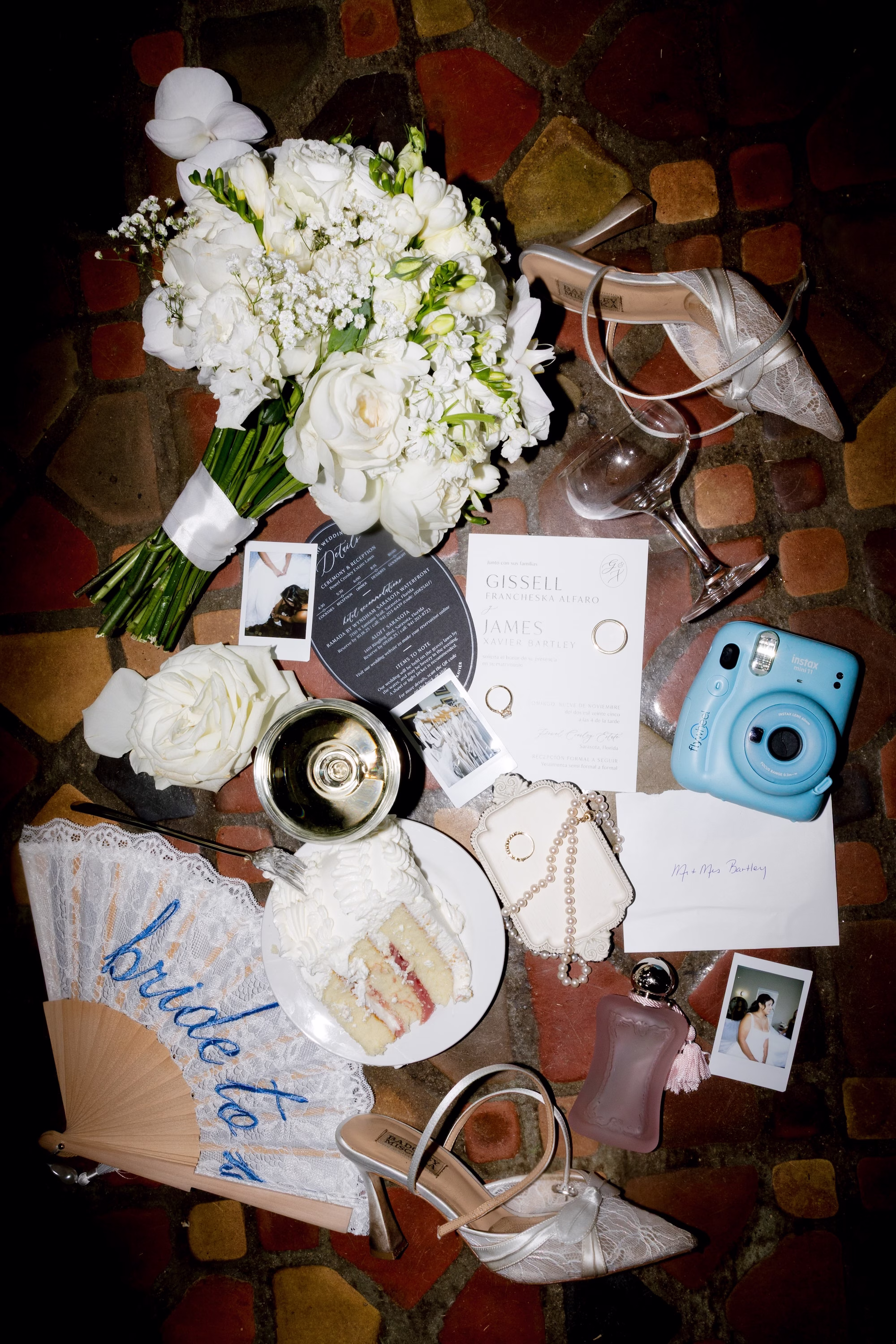 Simple Elegant Monochromatic White Roses and Baby's Breath Bridal Bouquet Inspiration | Something Blue Polaroid Camera Wedding Reception Decor Ideas | Tampa Florist Save The Date Florida | Sarasota Planner B Eventful