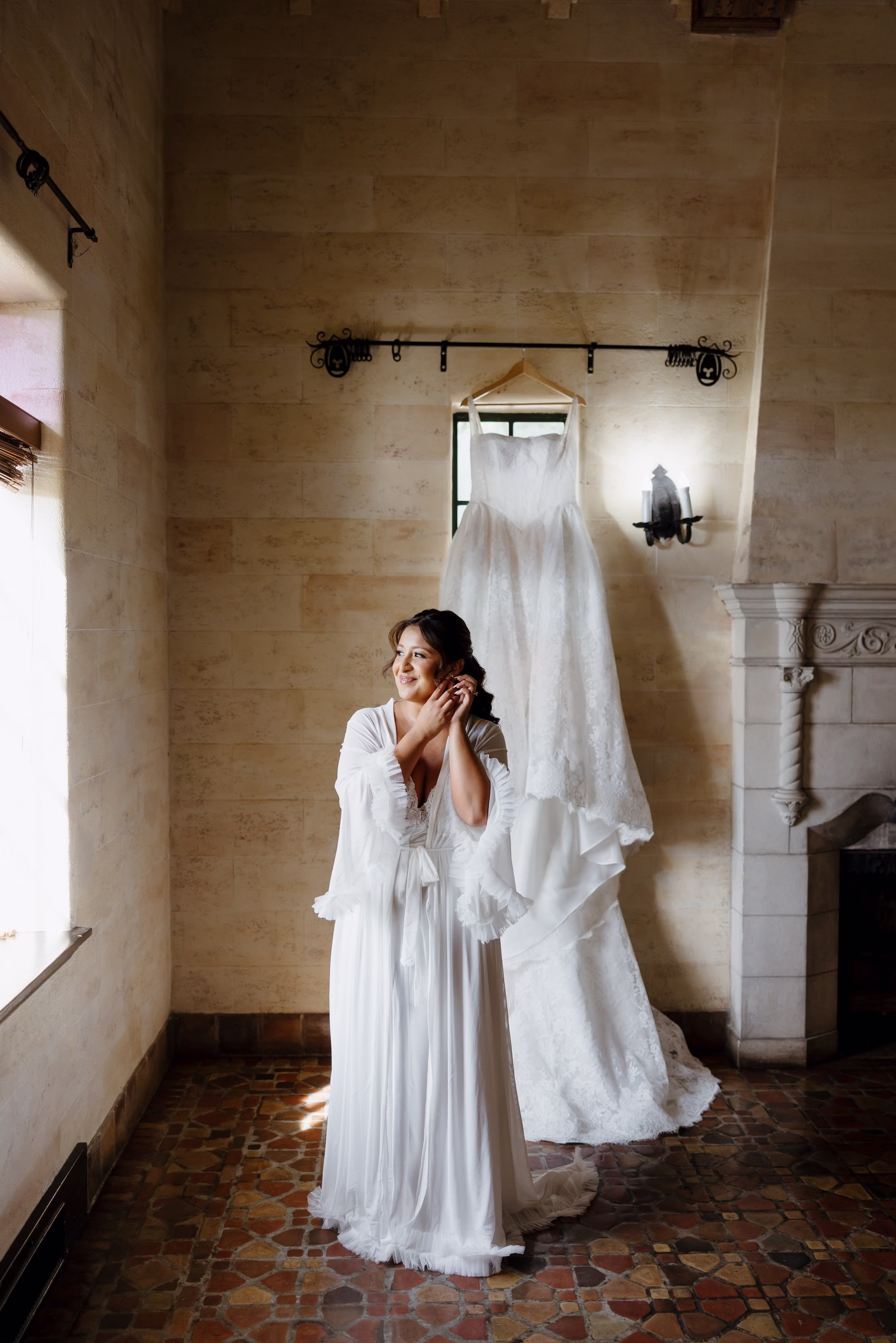 Bride Getting Ready in White Robe Wedding Portrait | Classic Elegant White Wedding Gown with Square Neckline and Cathedral Length Train Inspiration