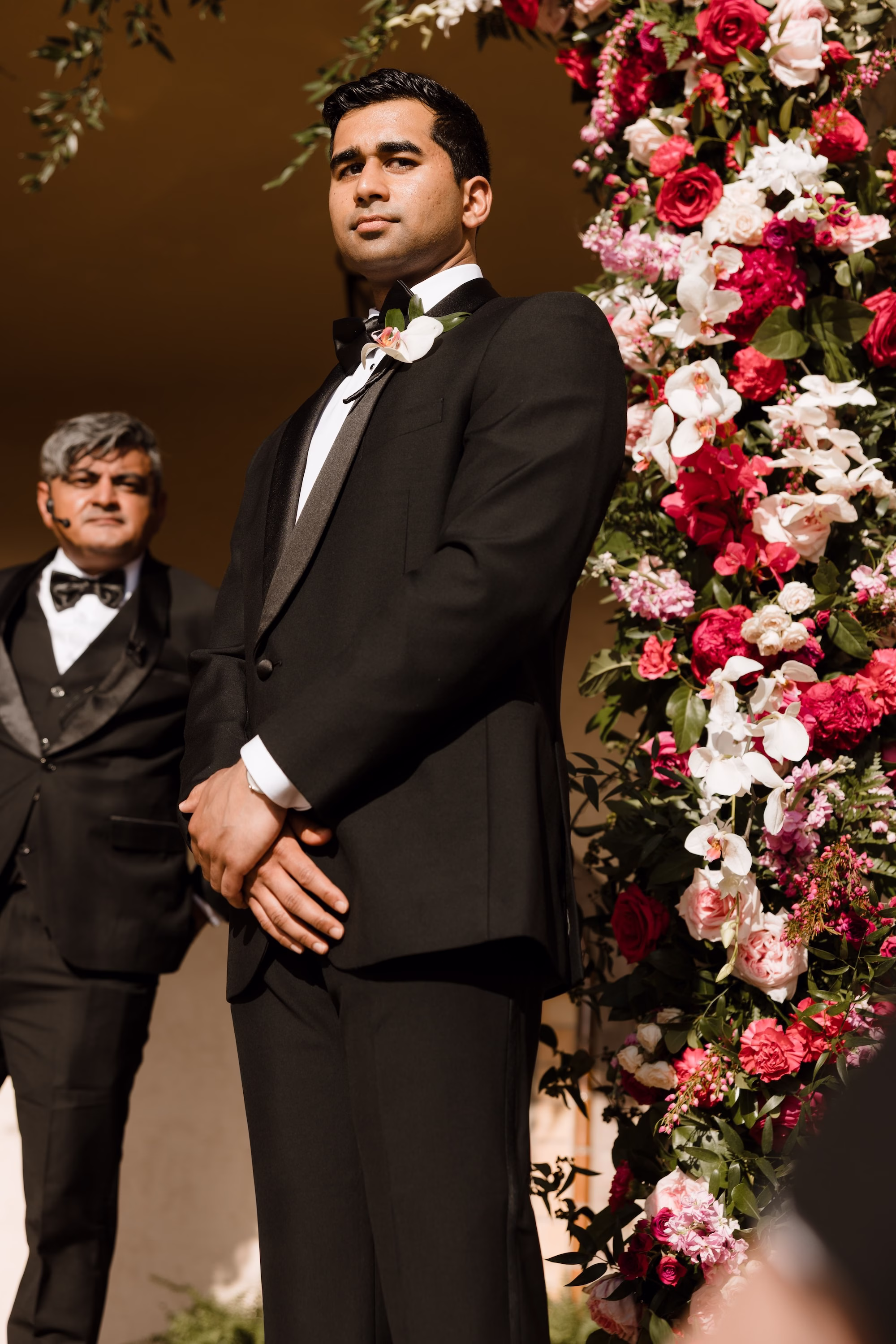 56Romantic Pink and Gold Waterfront Florida Wedding - Vibrant Pink and Gold Multicultural Sarasota Wedding | Powel Crosley Estate Groom's Reaction to Bride Walking Down Wedding Ceremony Aisle | Tampa Bay Photographer Evoke Photo and Film