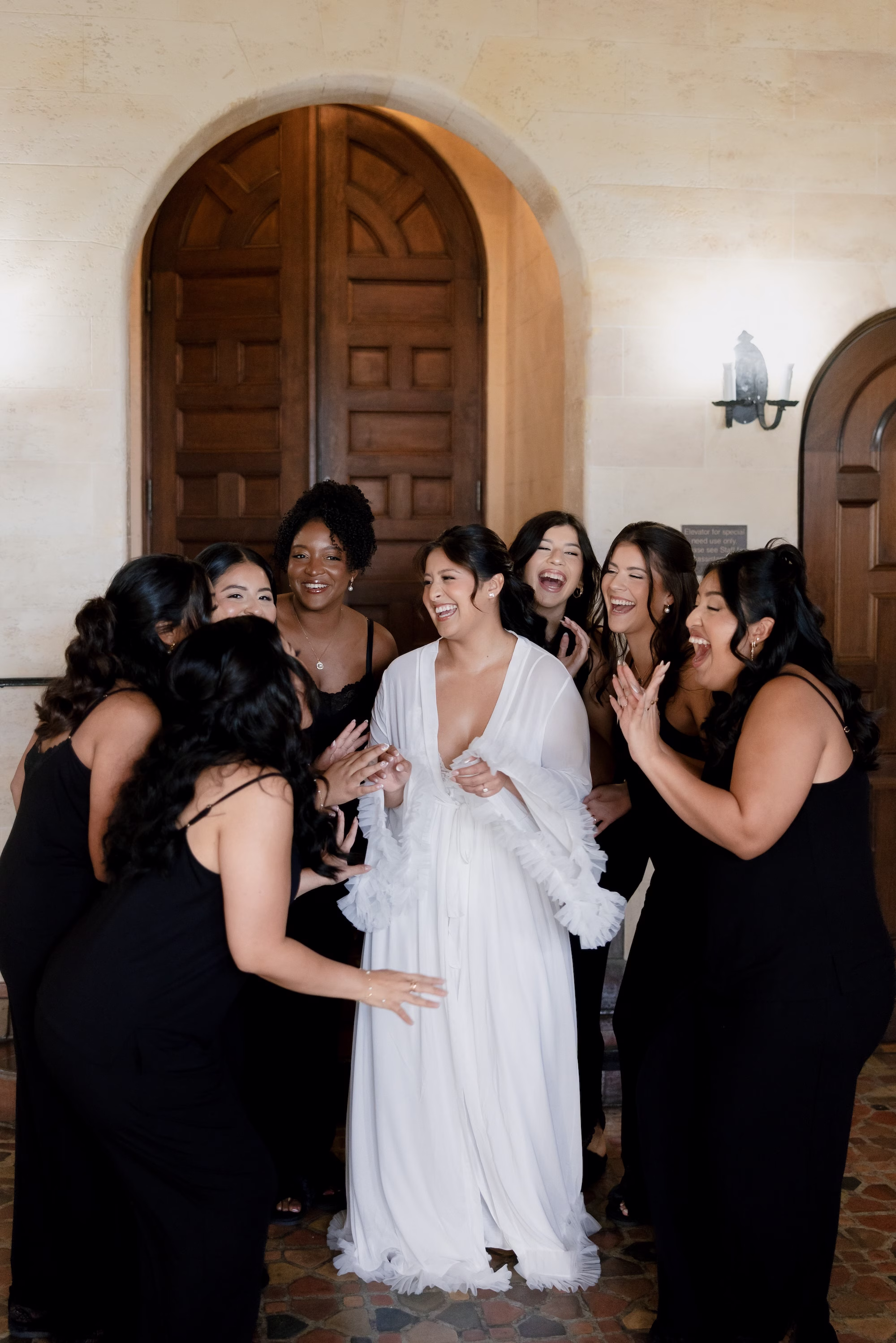 Bride and Bridesmaids Getting Ready Wedding Portrait in Black Dresses