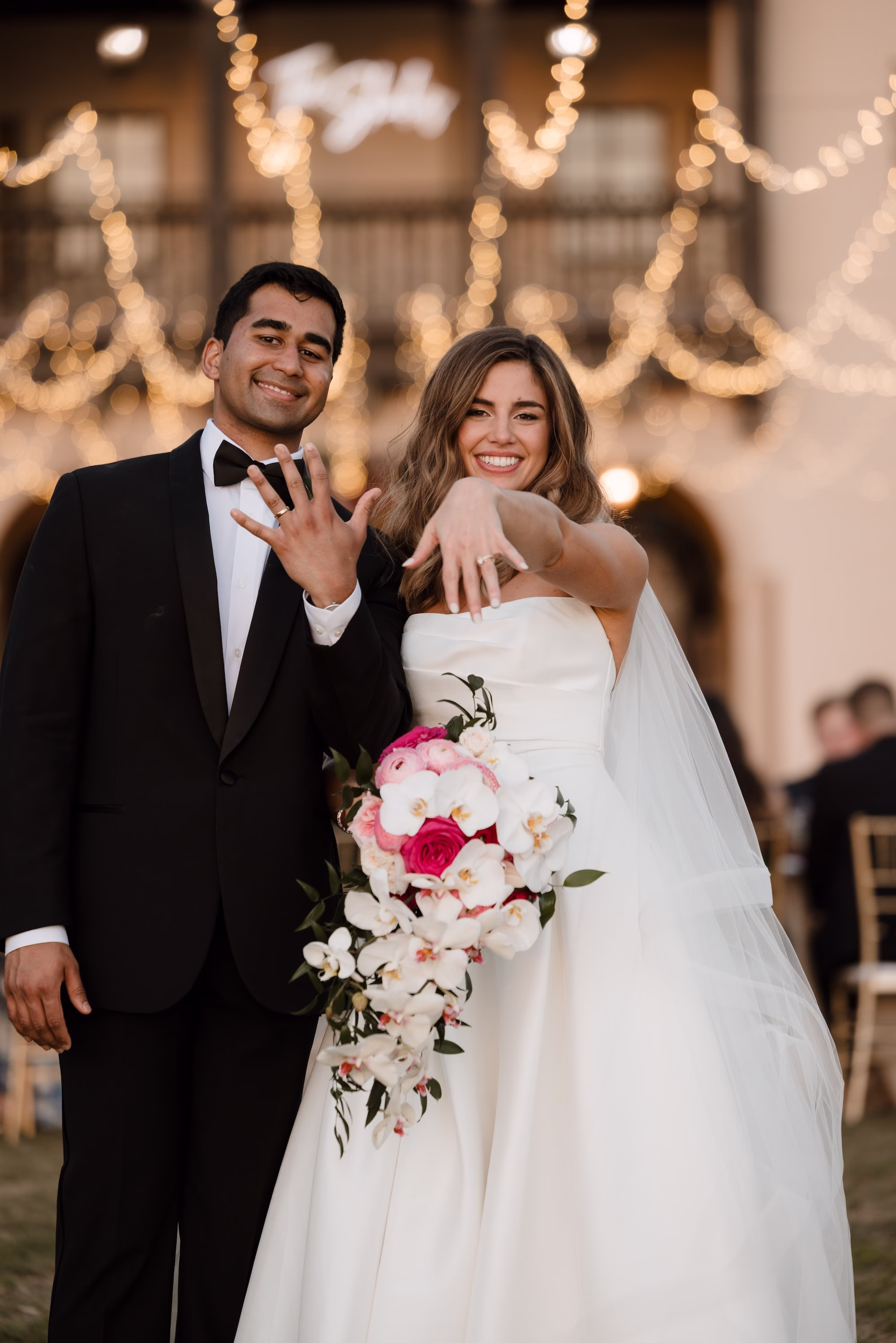 66Romantic Pink and Gold Waterfront Florida Wedding - Vibrant Pink and Gold Multicultural Sarasota Wedding | Powel Crosley Estate Bride and Groom Just Married Wedding Portrait | White Orchard with Pink and Red Roses Bridal Bouquet Inspiration | Strapless White Kelly Faetanini Full Skirt Wedding Gown Ideas | Tampa Bay Photographer Evoke Photo and Film
