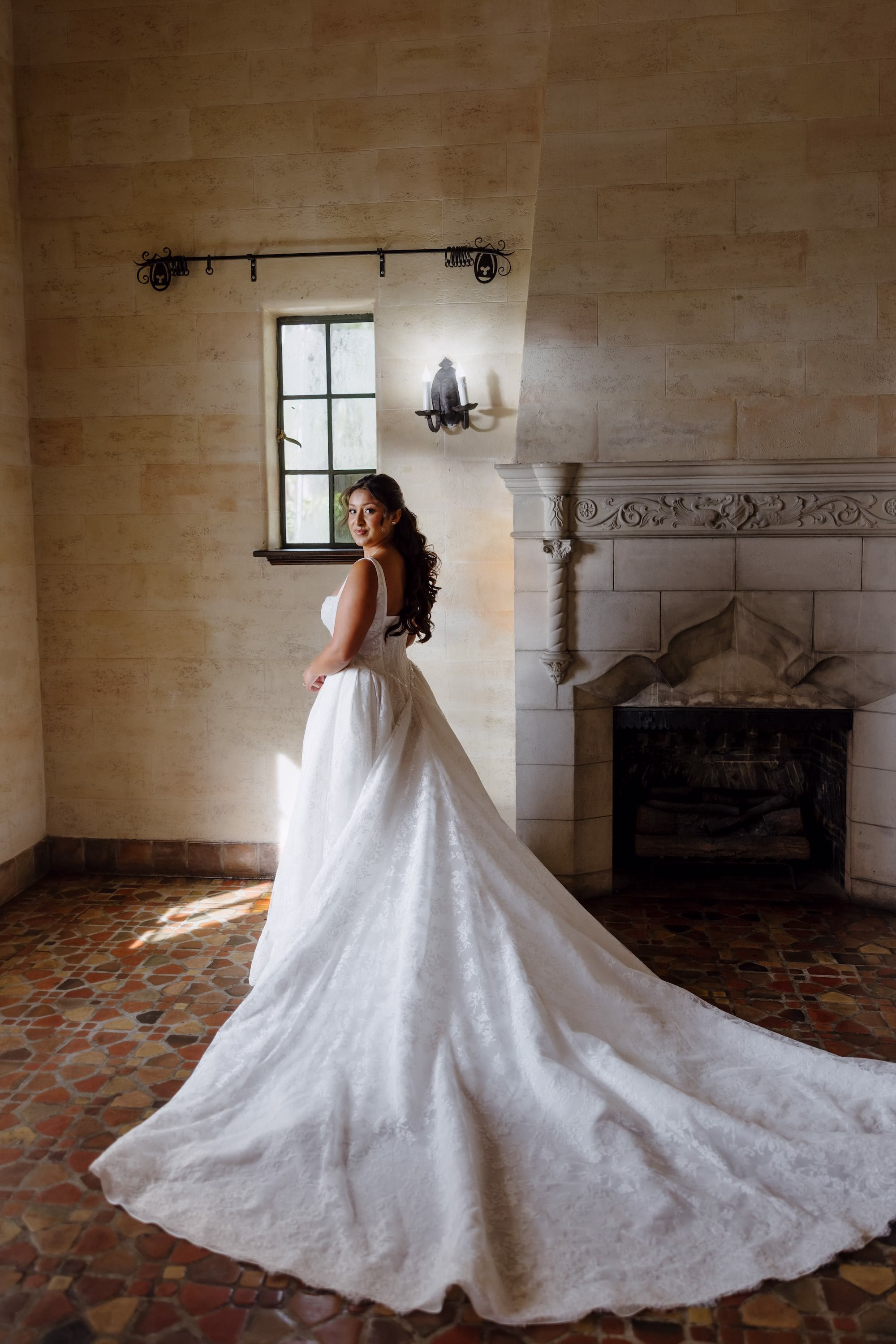 Bride Wedding Portrait | Classic Elegant White Wedding Gown with Square Neckline and Cathedral Length Train Inspiration