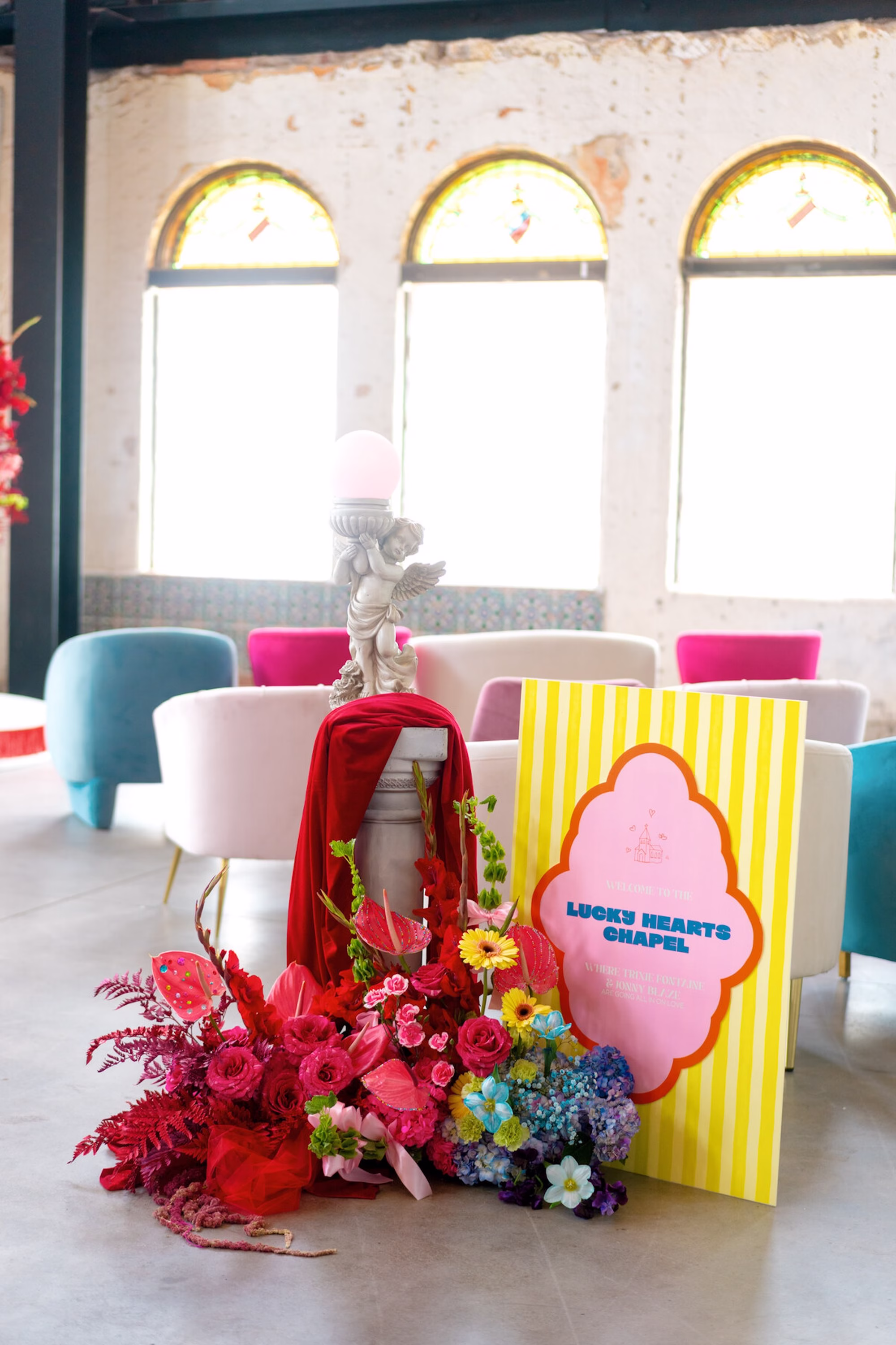 11Whimsical Red Las Vegas Pink Pony Club Inspired Wedding - Bold and Vibrant Same-Sex Ybor City Wedding Inspiration | Hotel Haya Whimsical Red Las Vegas Pink Pony Club Inspired Wedding Ceremony Decor Ideas