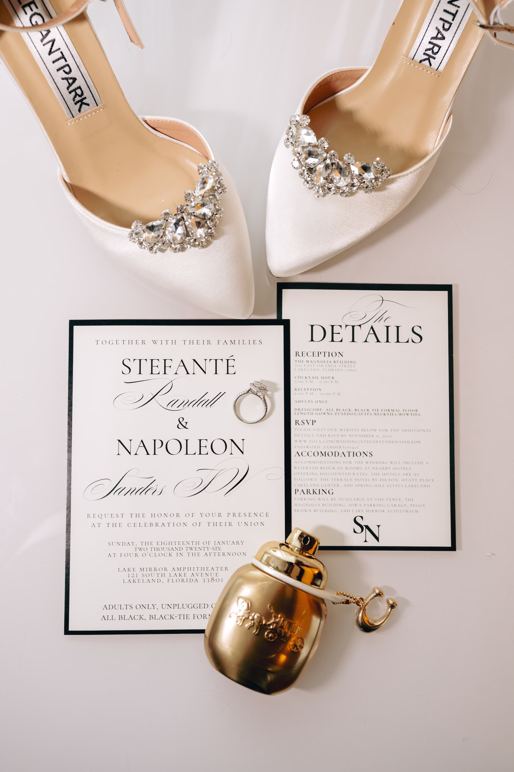 1Bold Pink Red and Burgundy Wedding Ideas - Glamorous, Burgundy Lakeland Wedding | Lake Mirror Amphitheater Elegant Classic Black and White Wedding Invitation Suite Inspiration | White Pointed Bridal Heels with Diamonds Inspiration