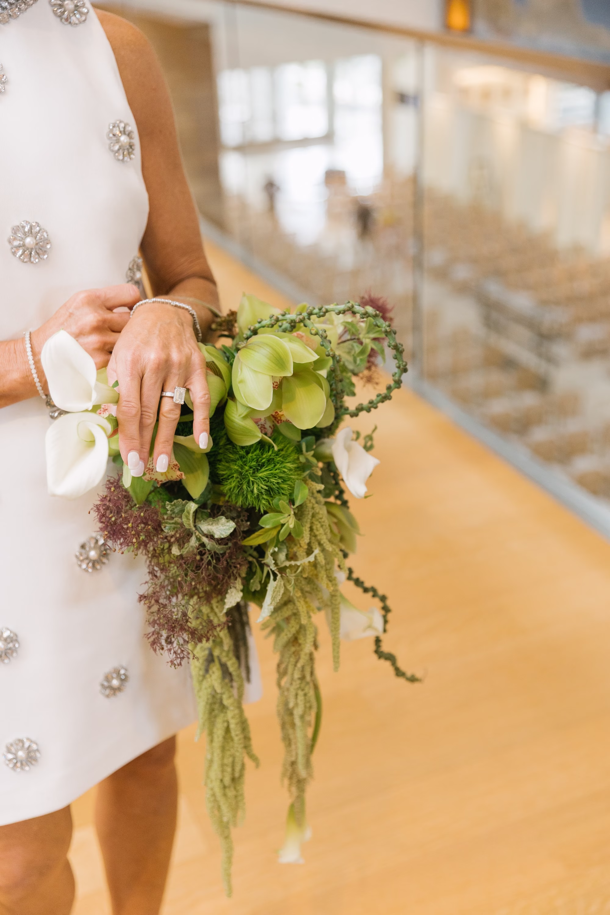 Elegant White and Green Cascading Wedding Bridal Bouquet Purse of Calla Lilies, Orchids, Amaranthus Inspiration | Modern Short Halter Style Neckline White Wedding Dress with Intricate 3D Floral Appliqués Ideas