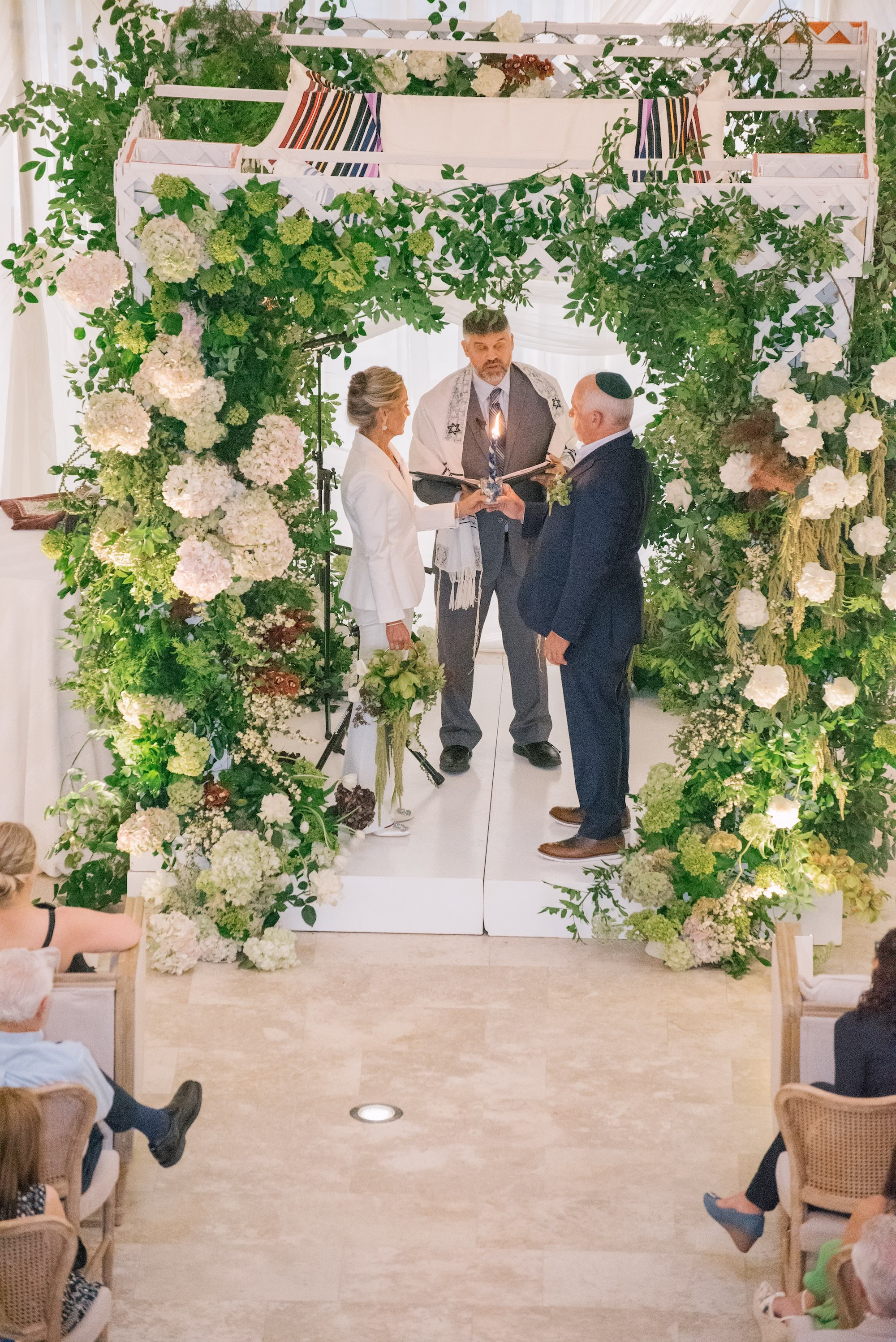 White Alice and Olivia Bridal Wedding Suit Inspiration | Traditional Jewish Wedding Chuppah of Lush Green Foliage and White Hydrangeas and Roses Ideas | St Pete Planner Stelloccasions Weddings and Events