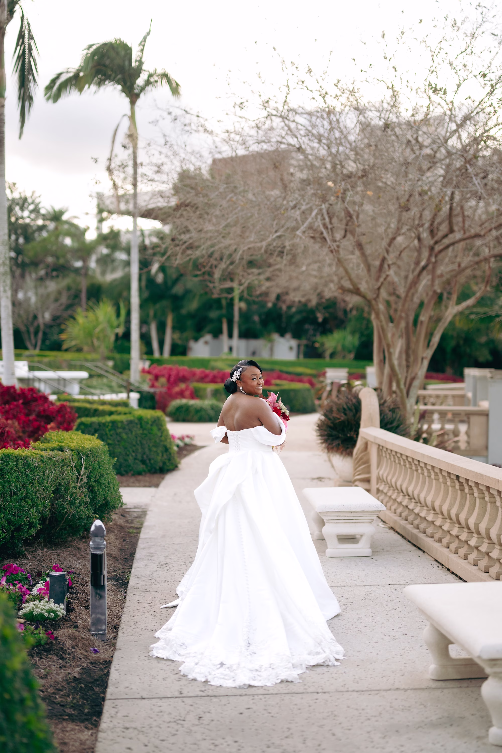 22Bold Pink Red and Burgundy Wedding Ideas - Glamorous, Burgundy Lakeland Wedding | Lake Mirror Amphitheater Bride Wedding Portrait | White Allure Wedding Ballgown with Off the Shoulder Neckline and Full Skirt Inspiration