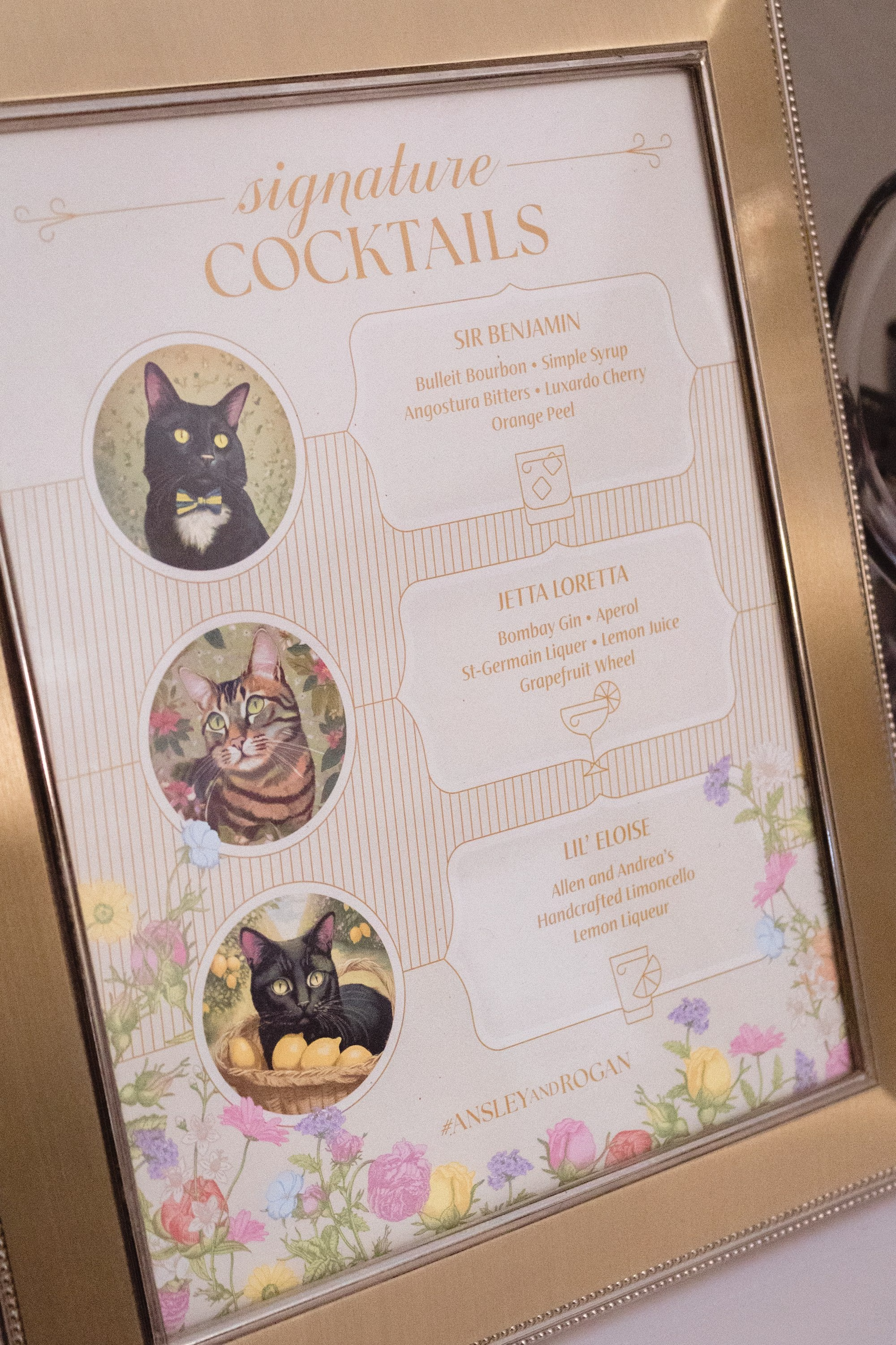 Wedding Reception Signature Pet Cocktails on Floral Spring Sign in Gold Frame Bar Decor Inspiration