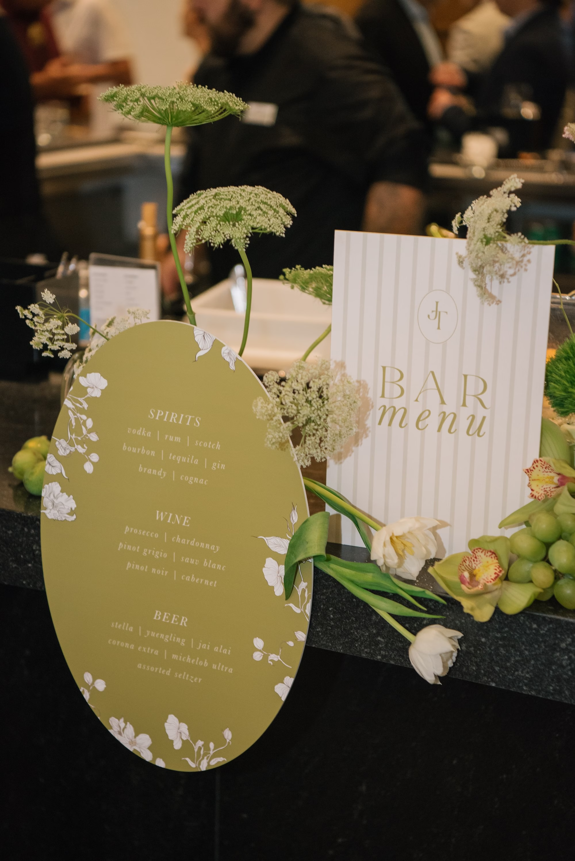 White and Green Wedding Reception Bar Menu and Signage Inspiration | St Pete Planner Stelloccasions Weddings and Events | Clearwater Kate Ryan Event Rentals