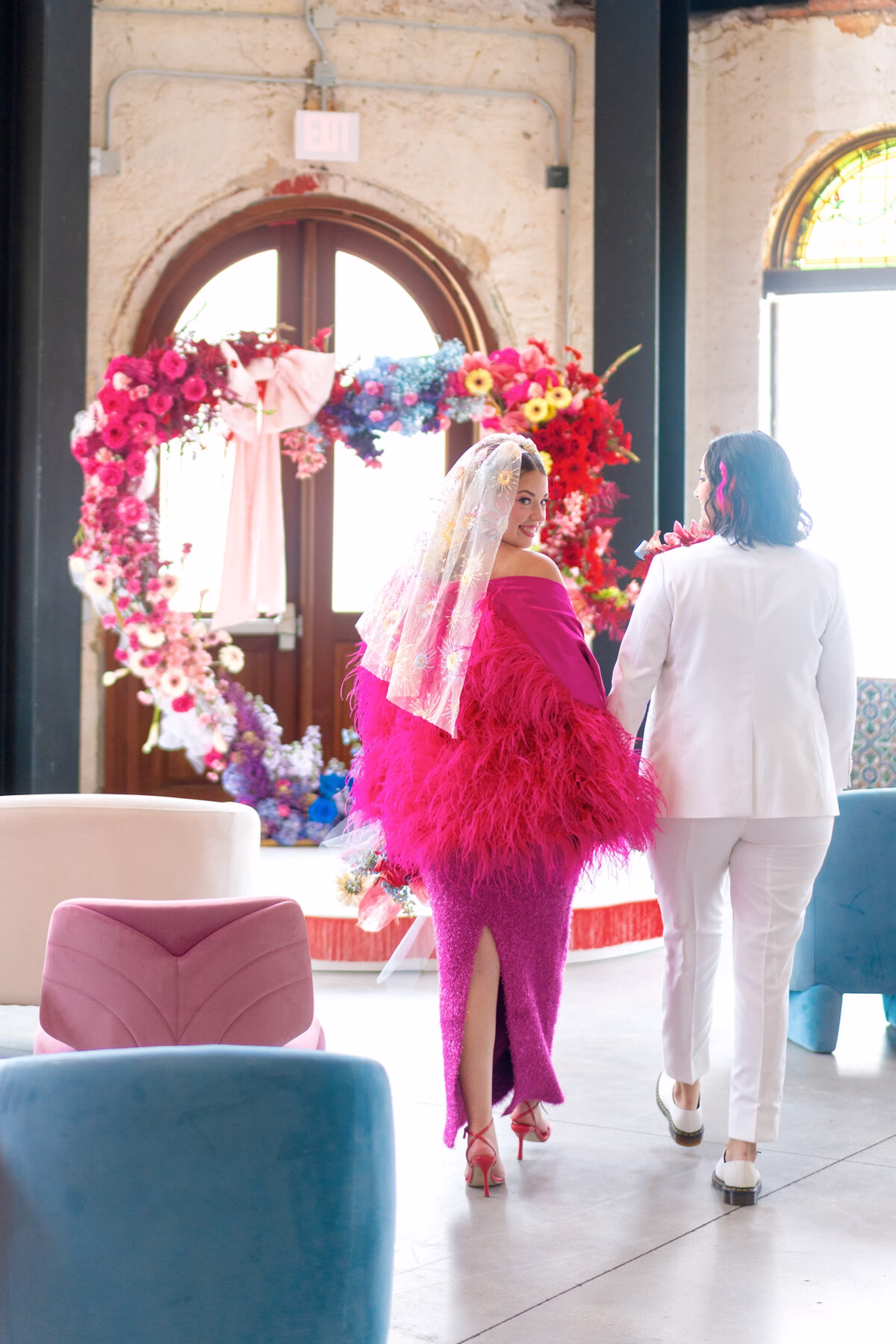 27Whimsical Red Las Vegas Pink Pony Club Inspired Wedding - Bold and Vibrant Same-Sex Ybor City Wedding Inspiration | Hotel Haya Bride and Bride Wedding Portrait
